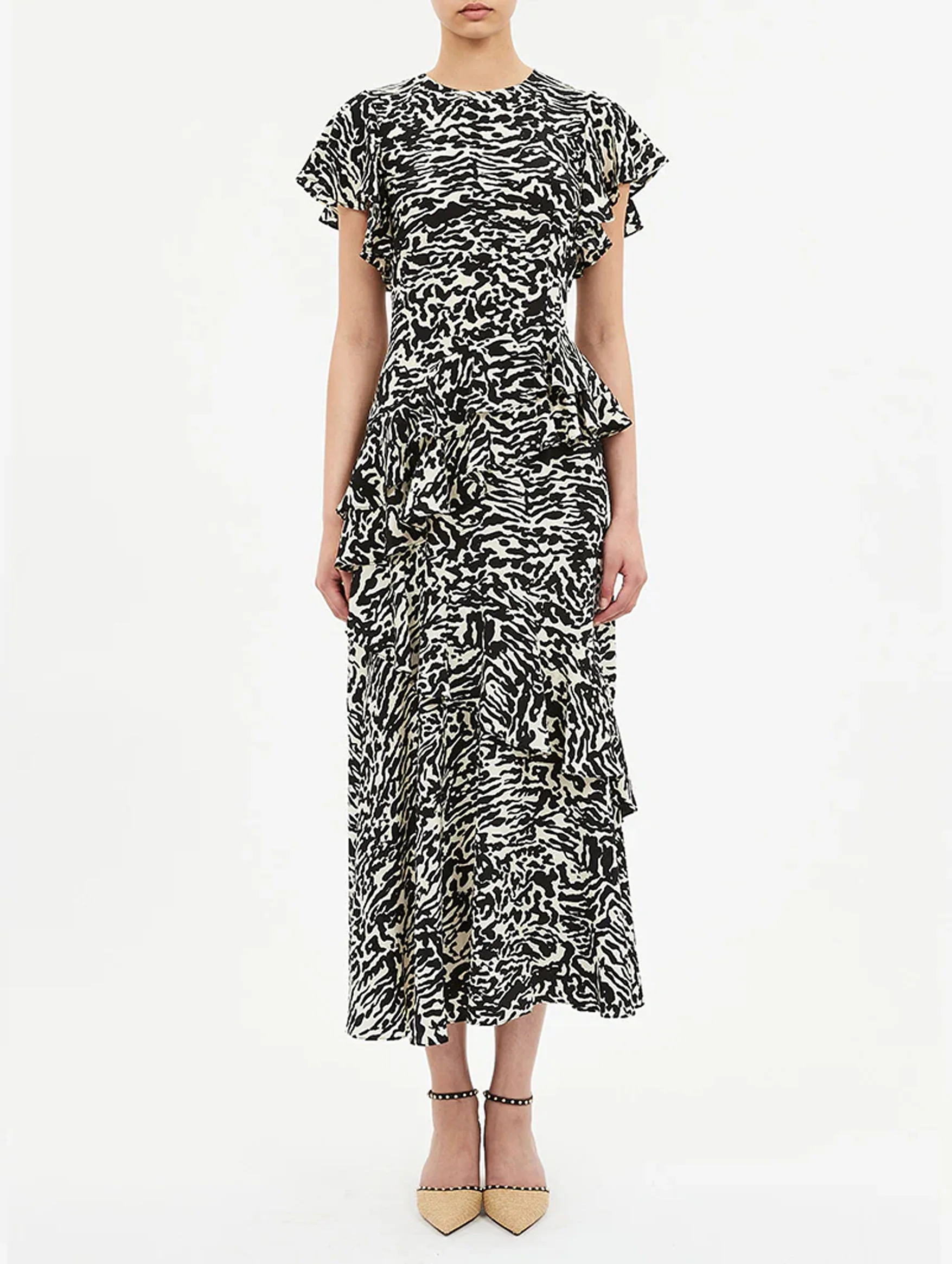 Amaia Cascading Ruffle Midi Dress in Spotted Jasper - Image 2
