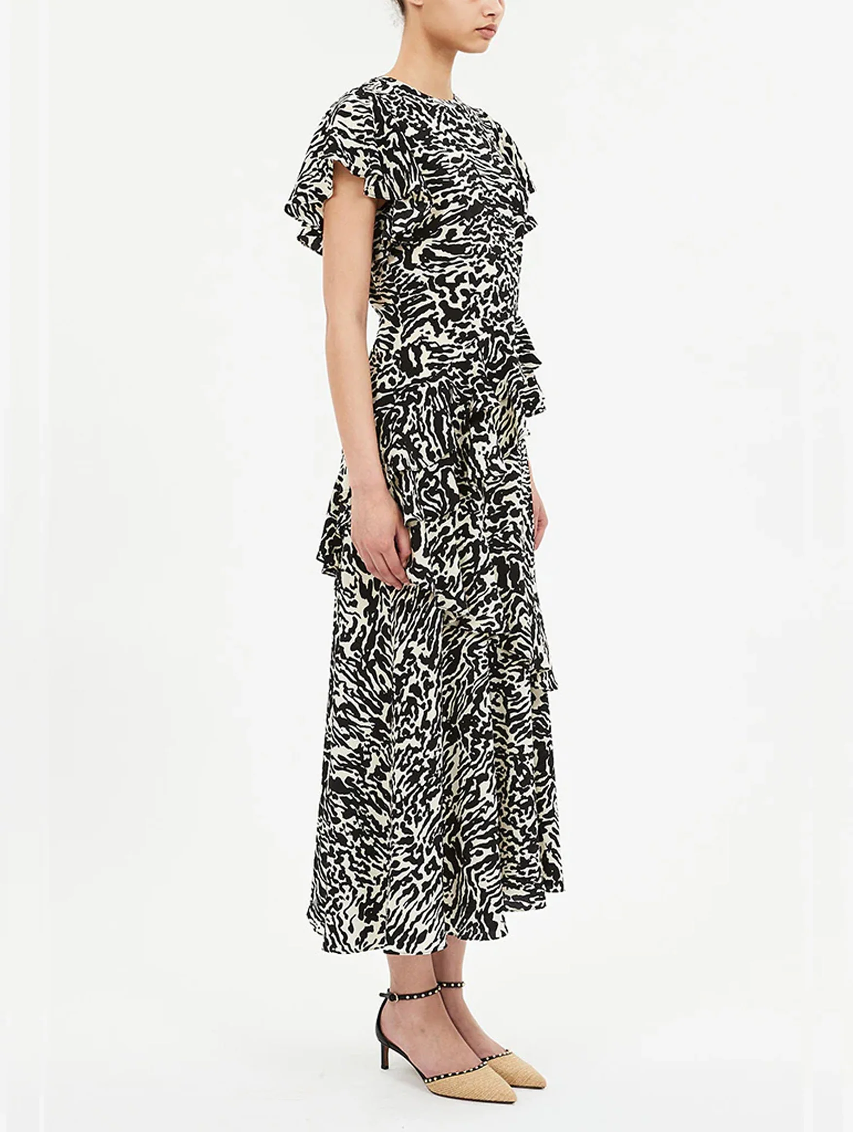 Amaia Cascading Ruffle Midi Dress in Spotted Jasper - Image 3