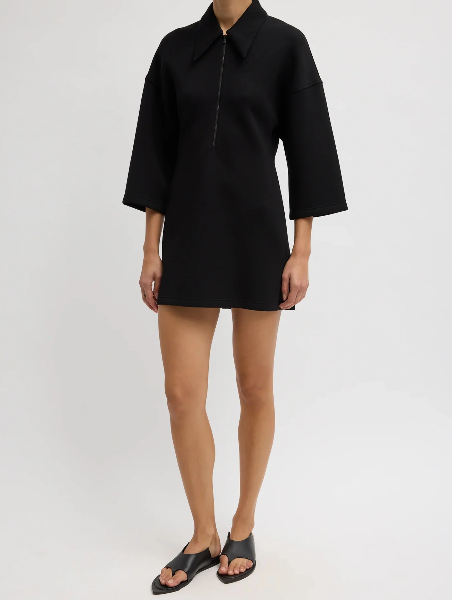 Bonded Viscose Zip Front Short Sleeve Slim Tunic in Black - Image 2