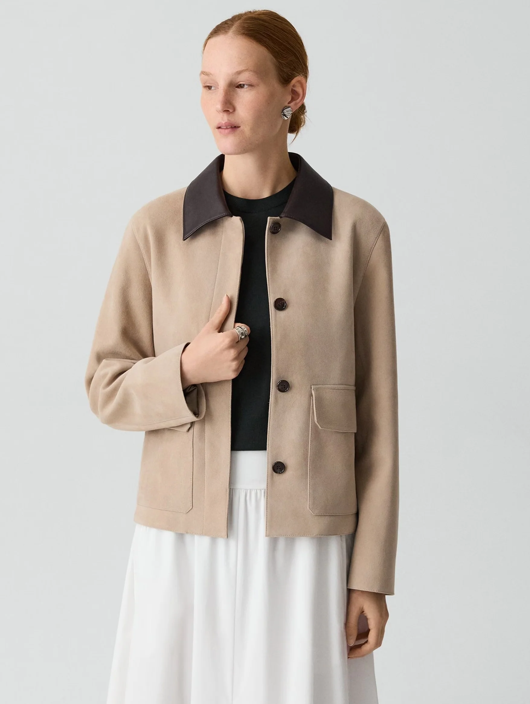 Boxy Patch Pocket Jacket in Suede Tan - Image 3