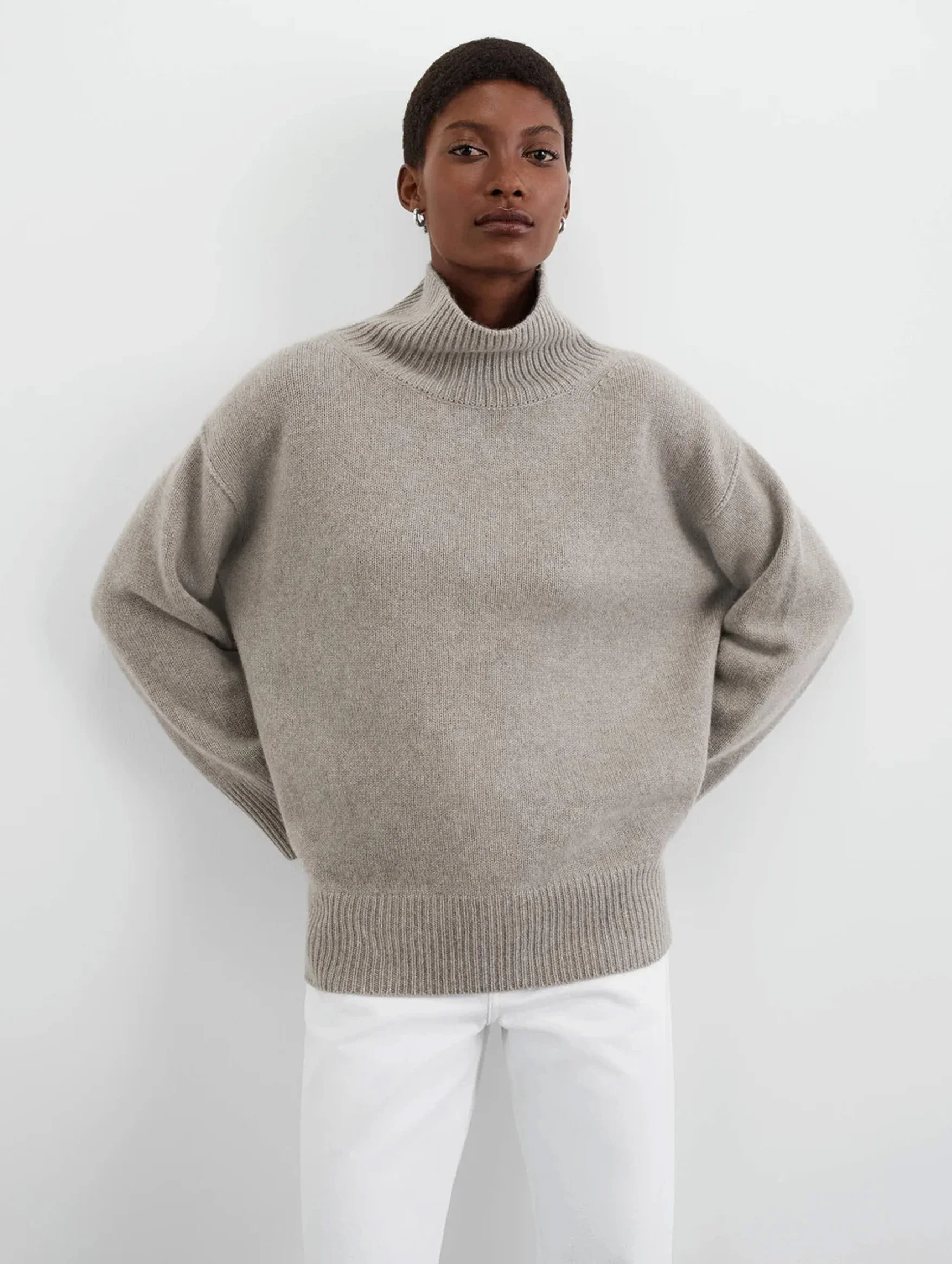Boyfriend Cashmere Turtleneck in Greige - Image 2