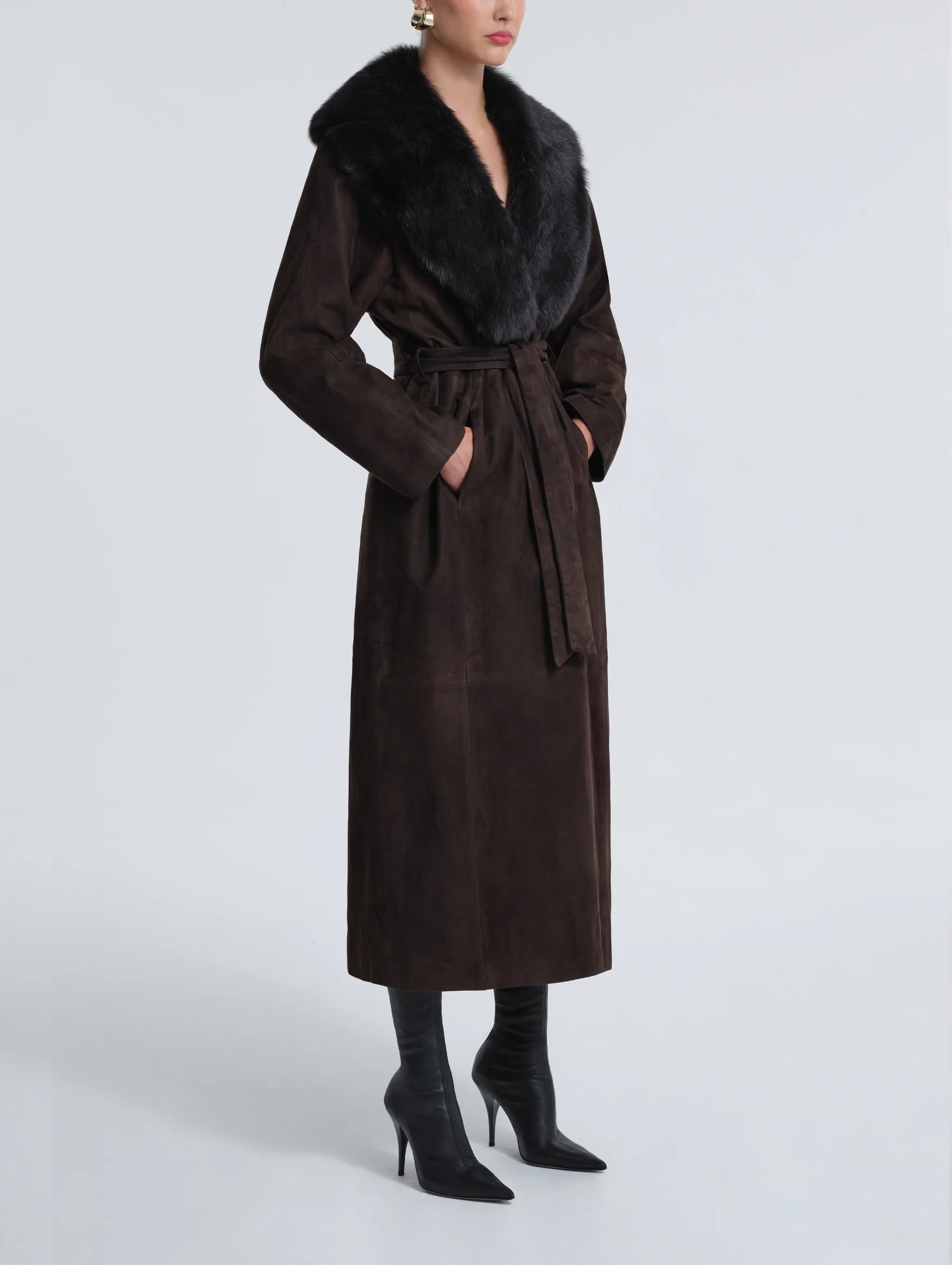 Briona Suede Coat in Black with Espresso Collar - Image 3