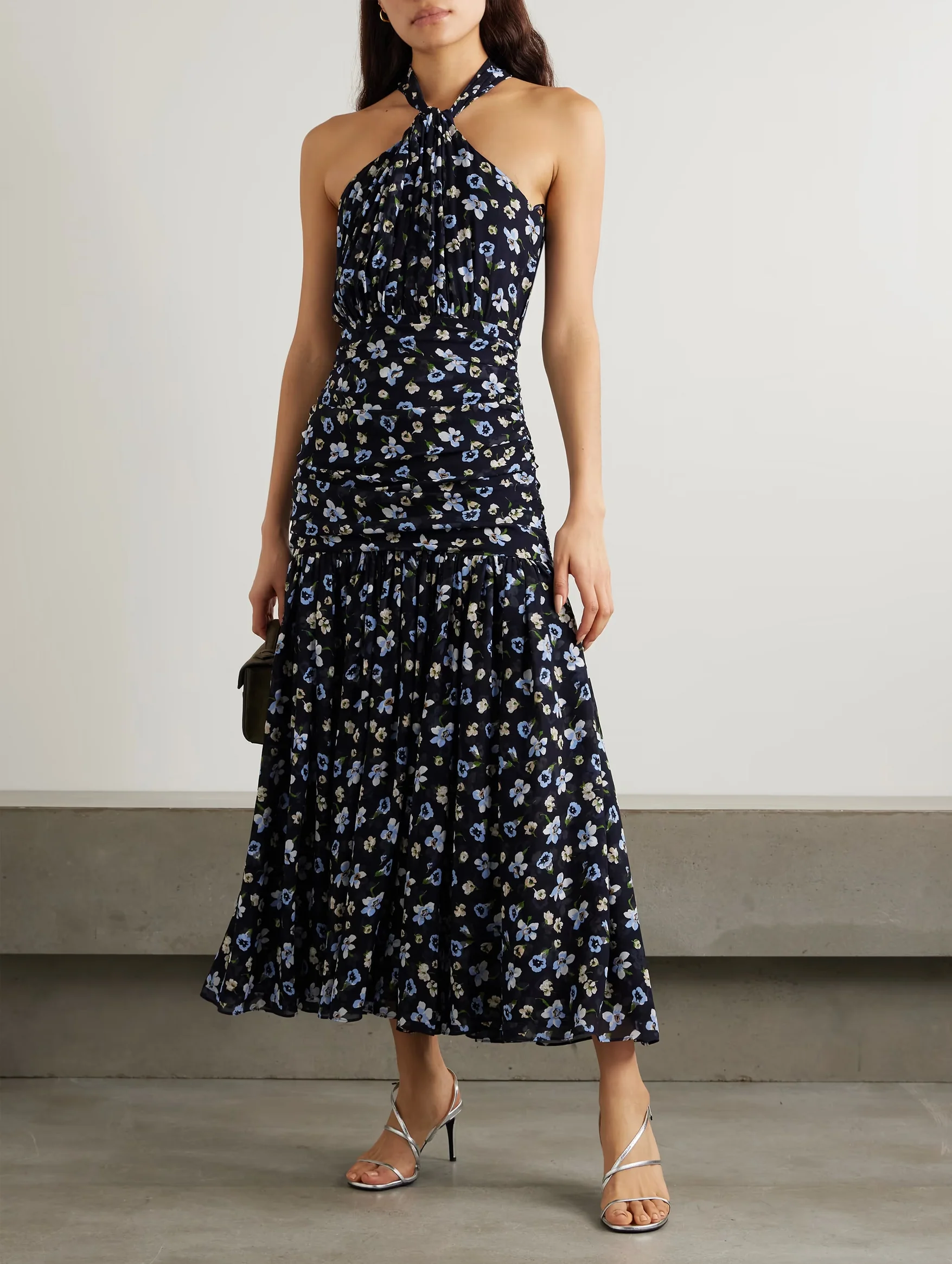 Brock Ruched Floral Silk Dress in Navy - Image 2
