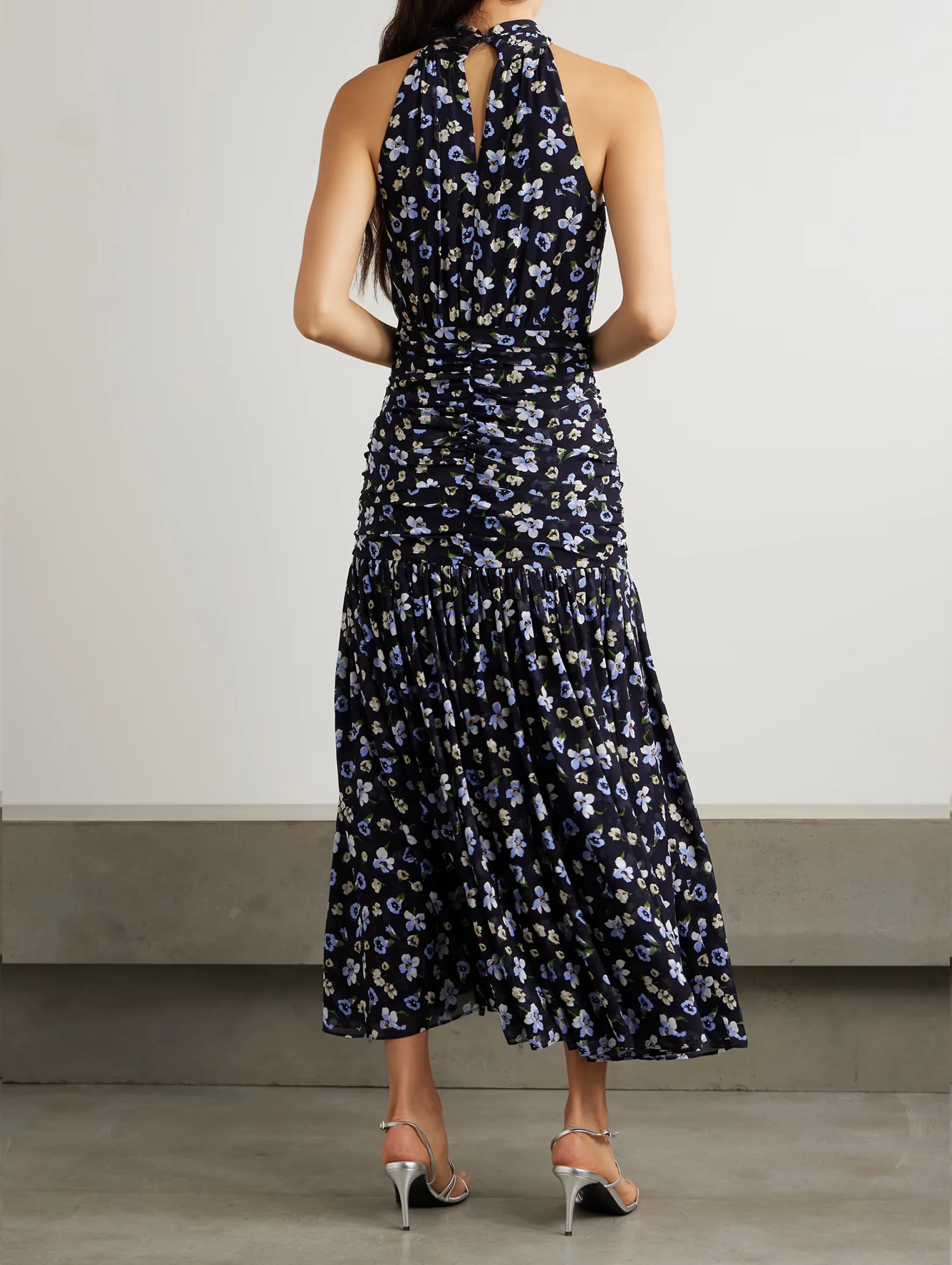 Brock Ruched Floral Silk Dress in Navy - Image 3