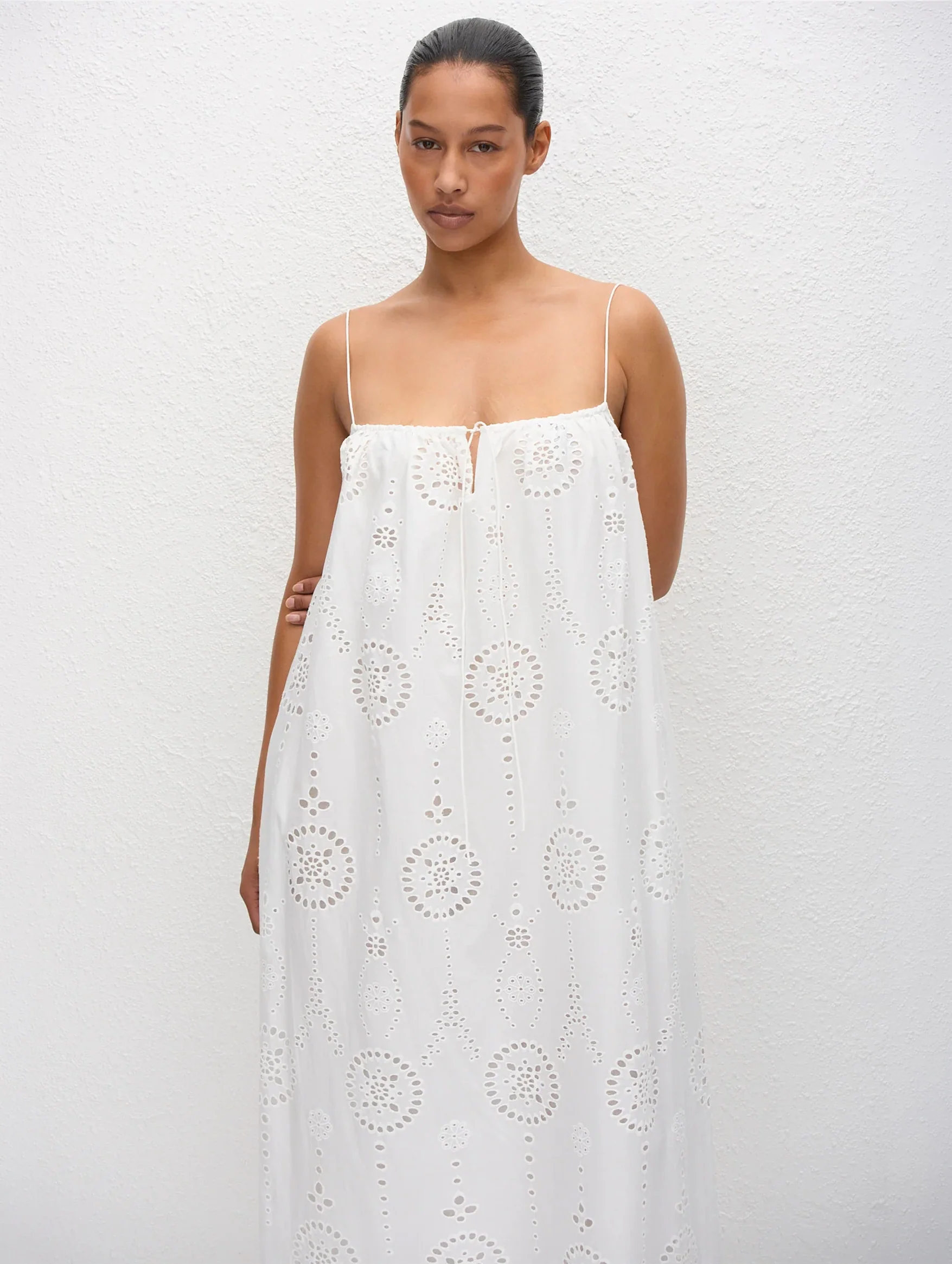 Broderie Cami Midi Dress in White - Image 2