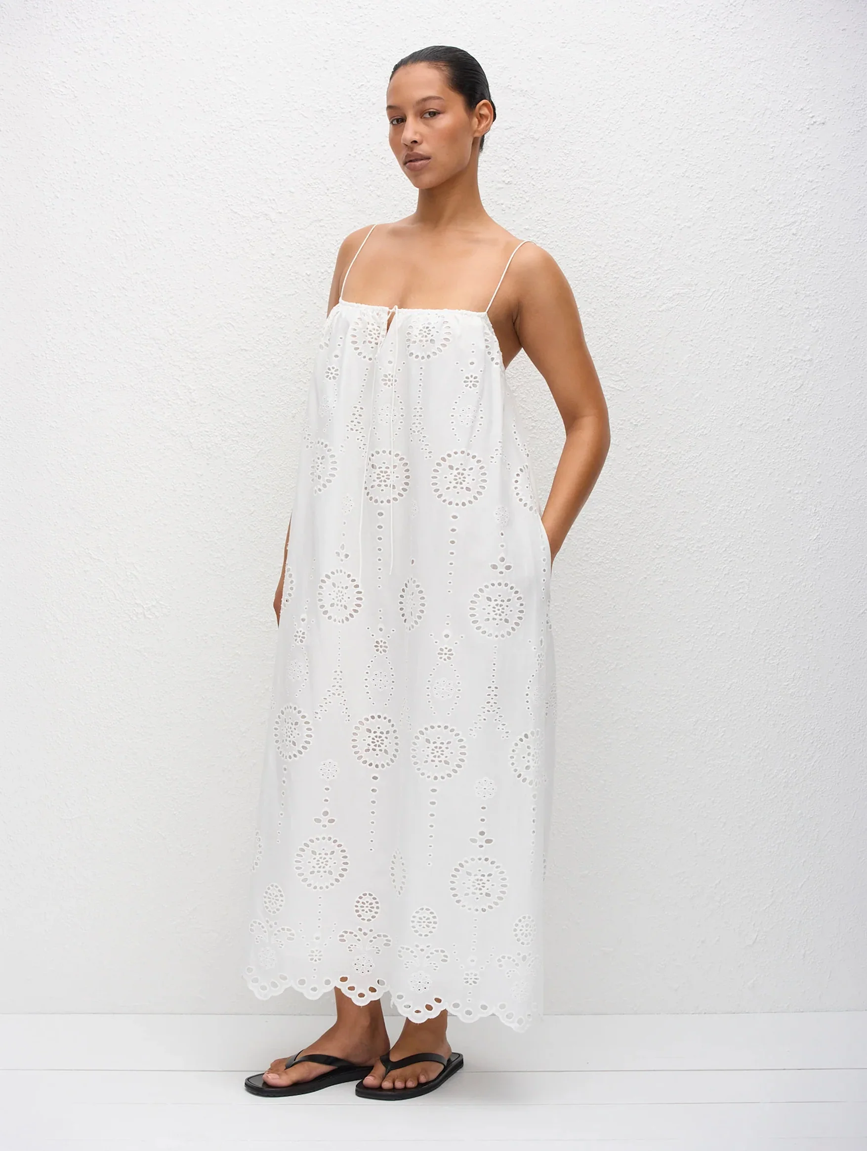 Broderie Cami Midi Dress in White - Image 3