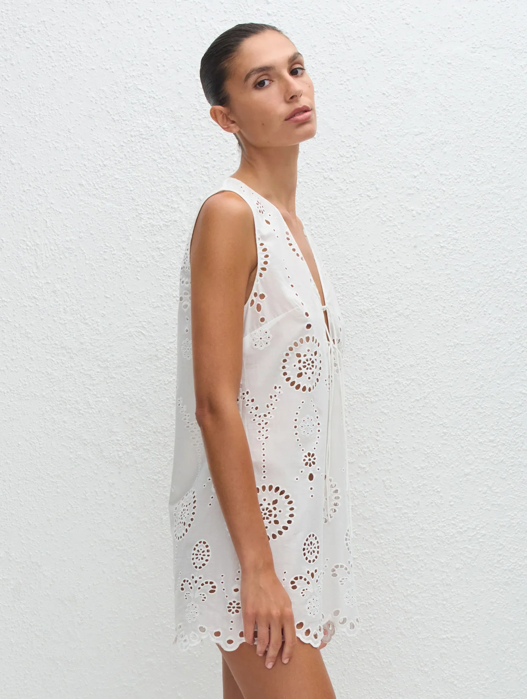 Broderie Tie Mini Dress in White - Image 2