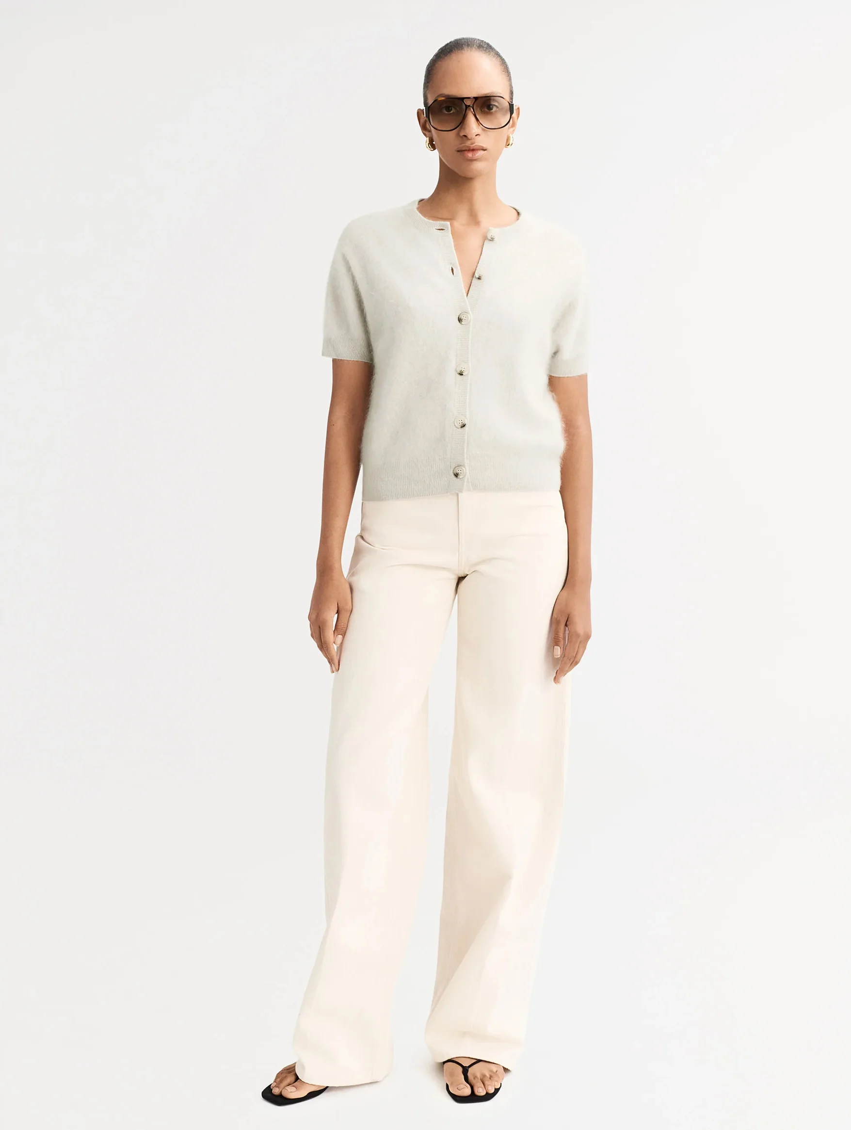 Brushed Cashmere Short Sleeve Cardigan in Chalk - Image 2