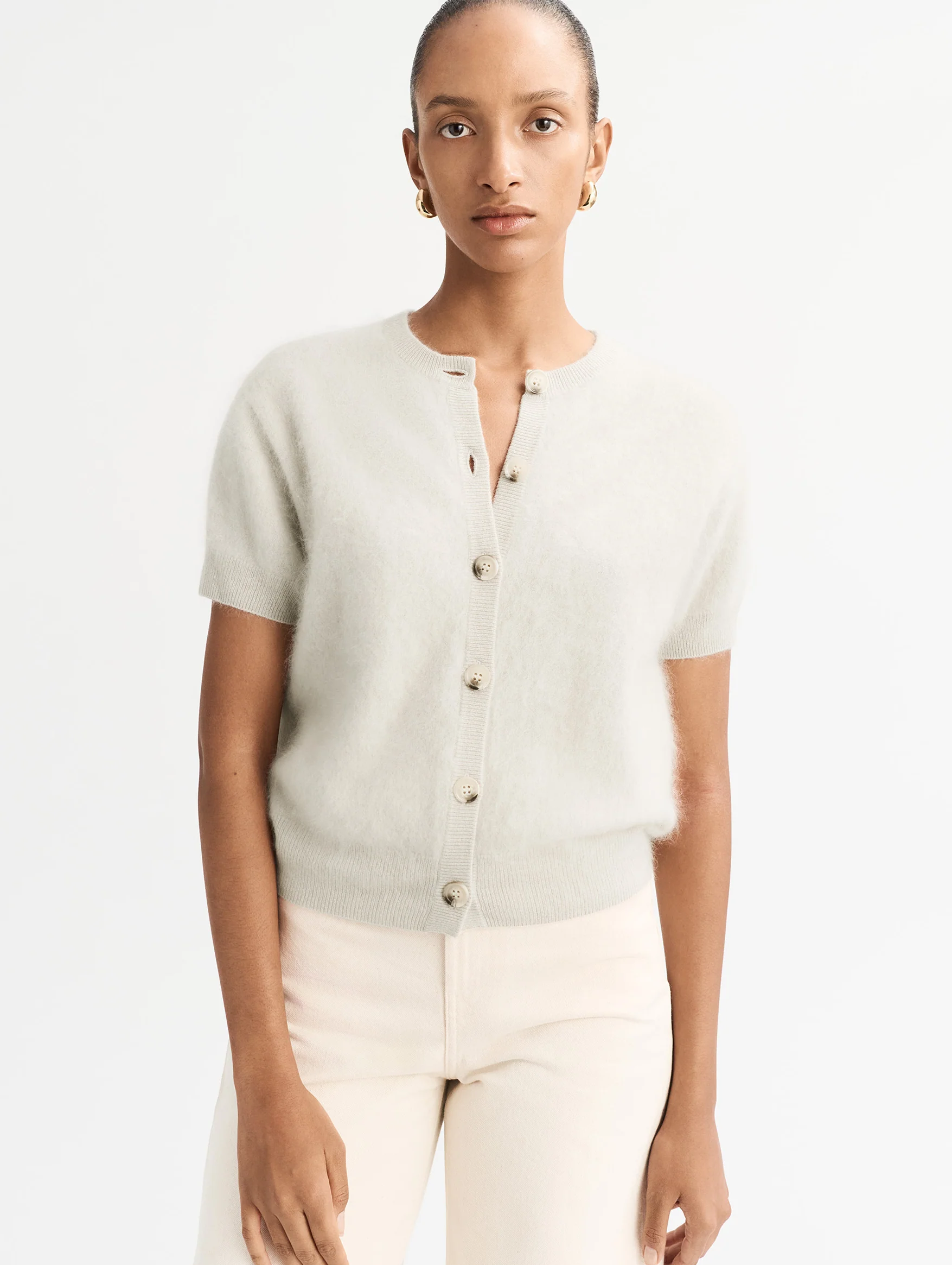 Brushed Cashmere Short Sleeve Cardigan in Chalk - Image 3