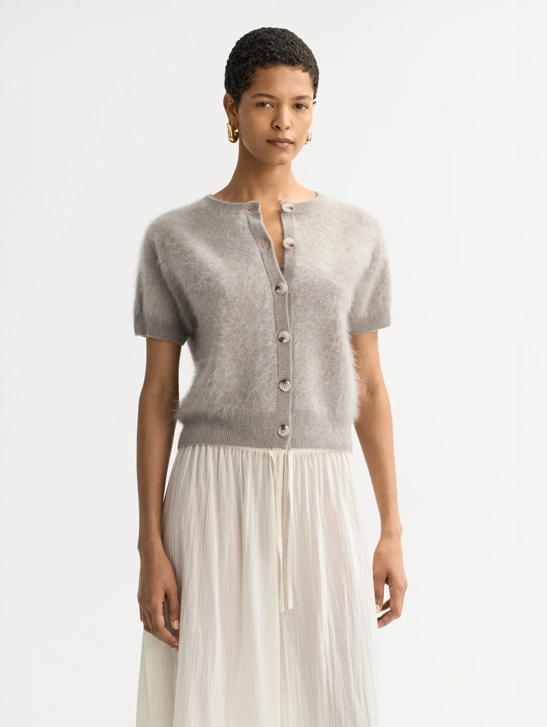Brushed Cashmere Short Sleeve Cardigan in Greige - Image 3