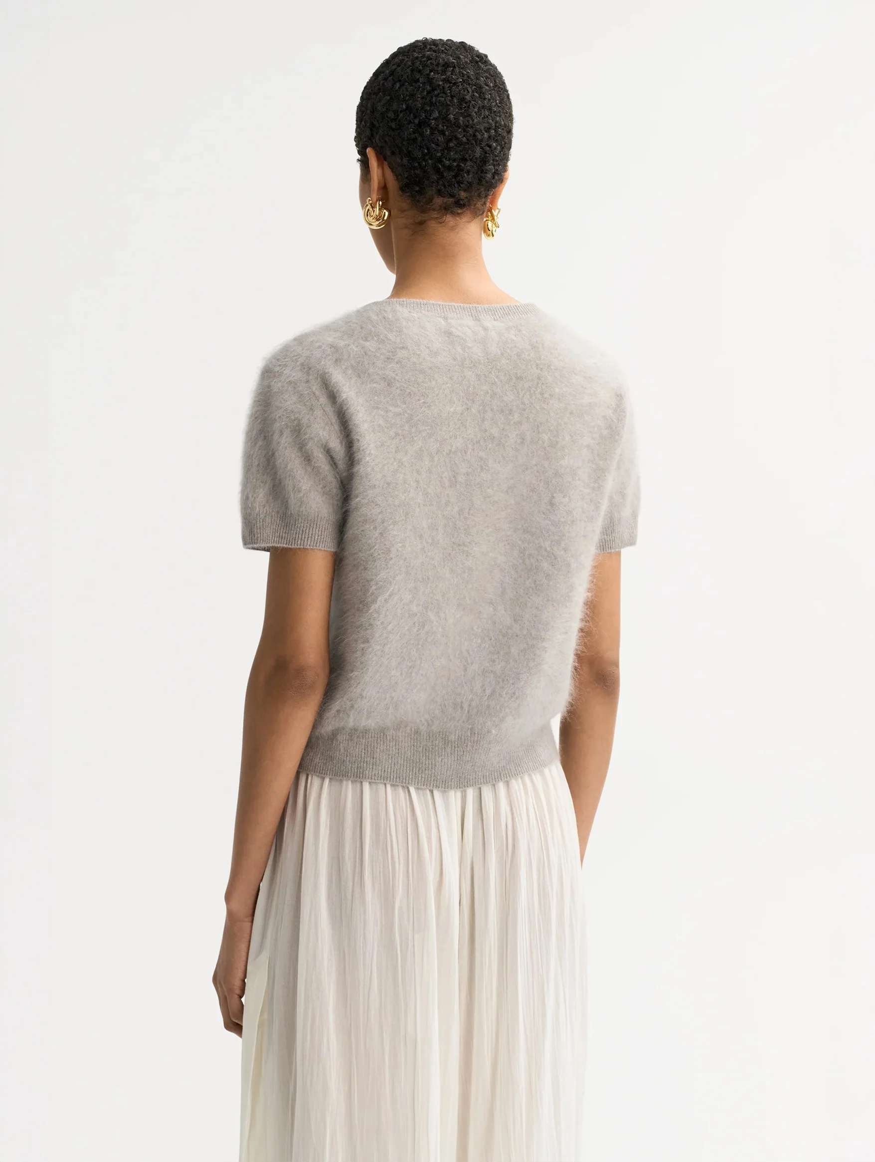 Brushed Cashmere Short Sleeve Cardigan in Greige - Image 4