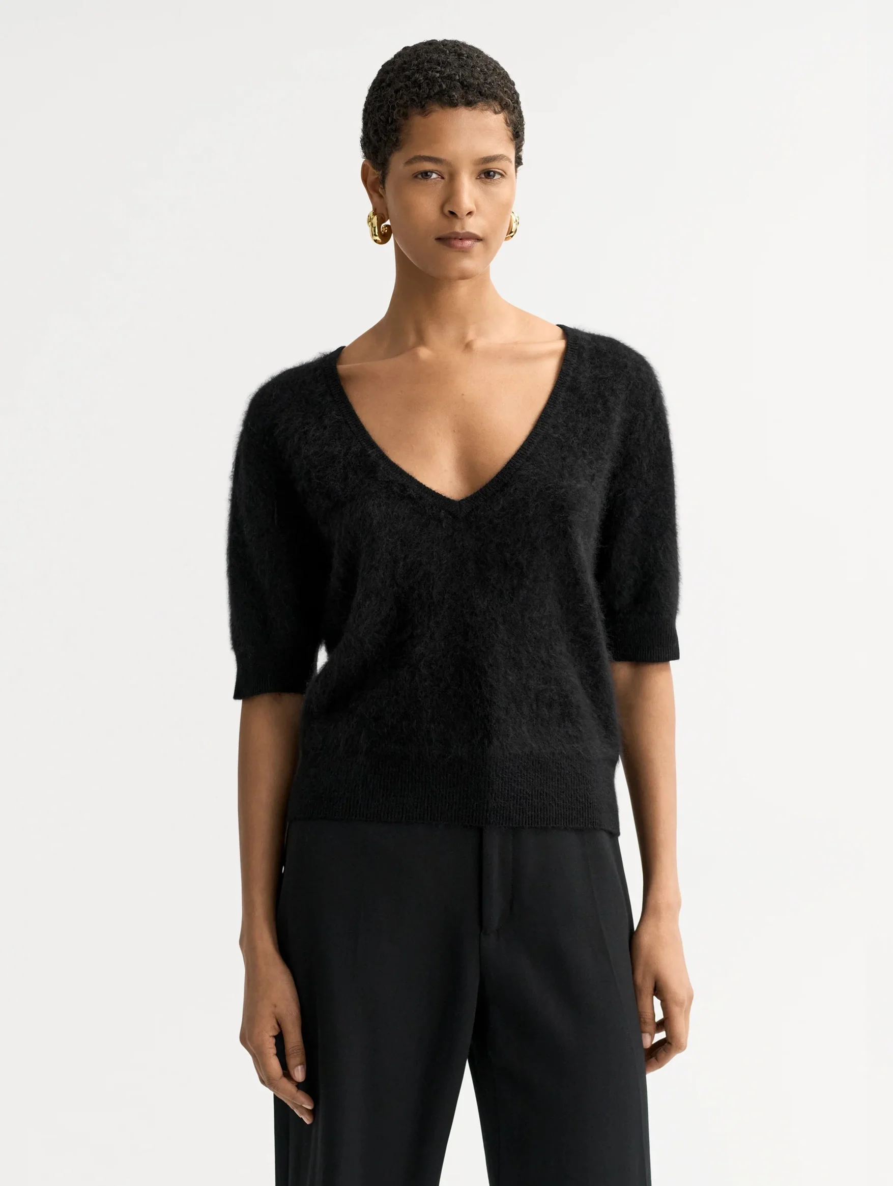 Brushed Cashmere V Neck T-shirt in Black - Image 2