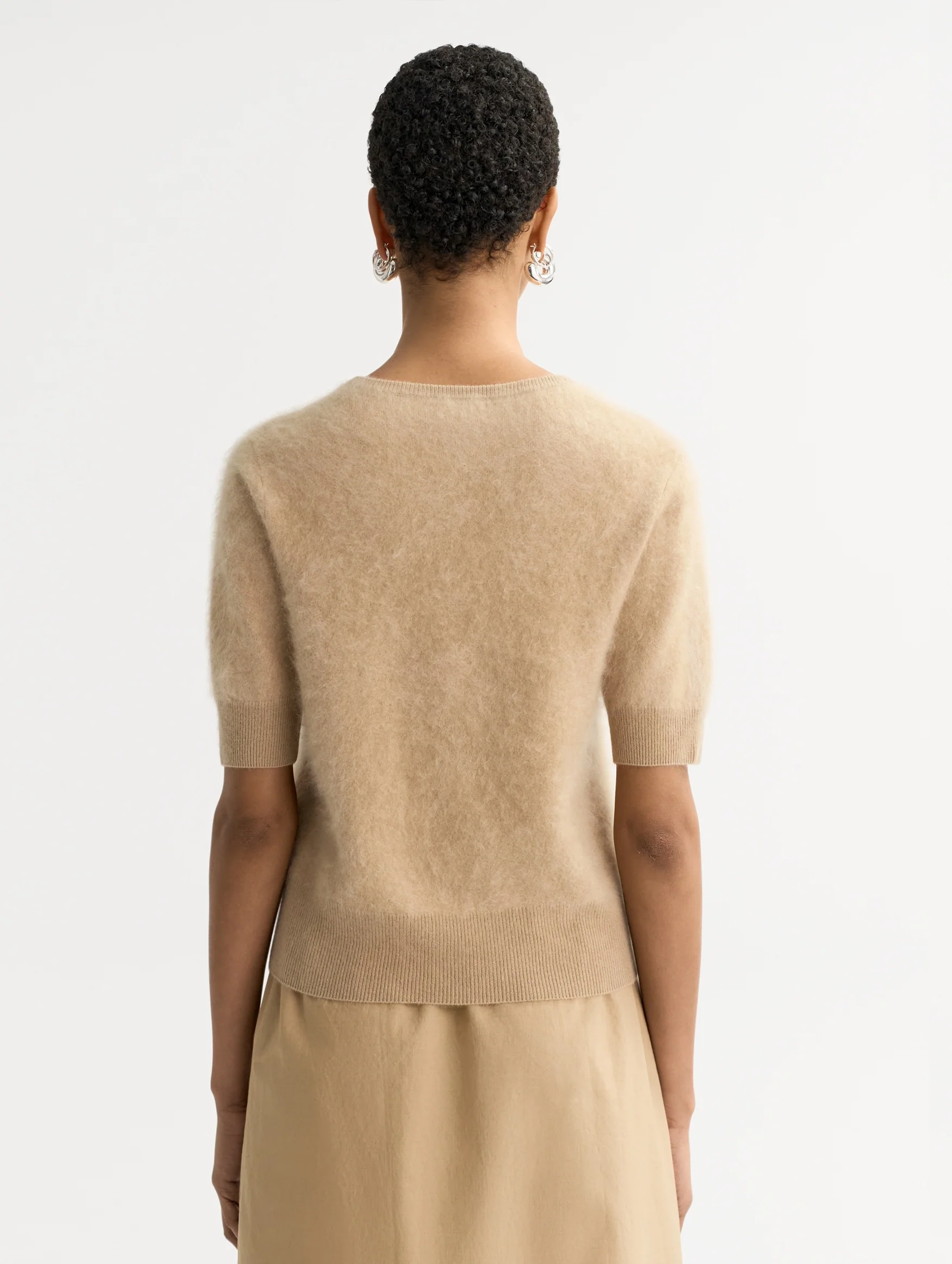 Brushed Cashmere V-neck T-shirt in Camel - Image 3