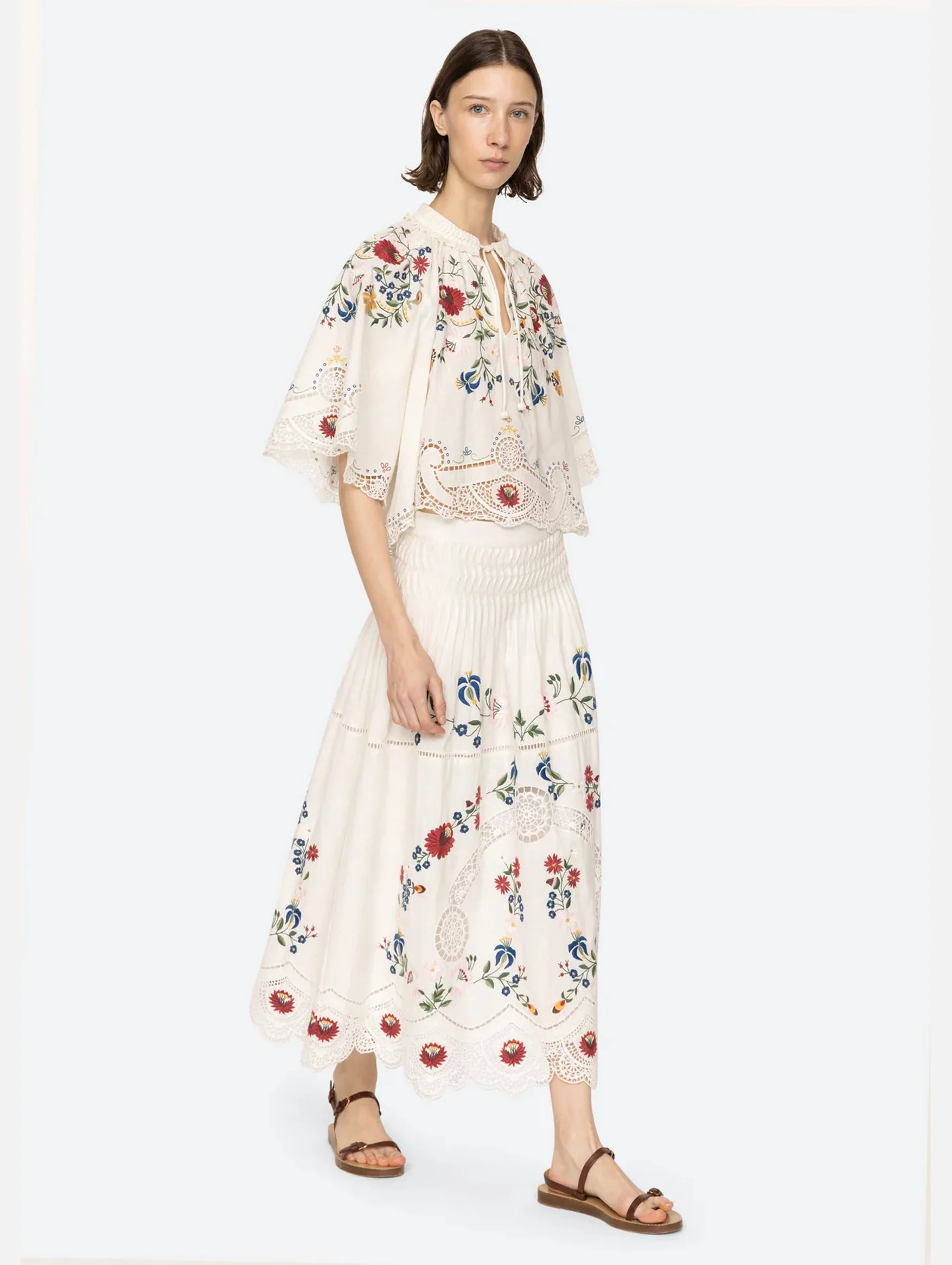 Celia Embroidery Midi Skirt in Cream - Image 5