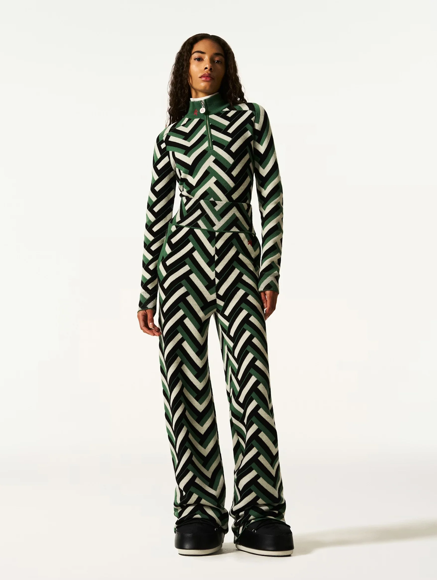 Chalet Merino Wool Knitted Pant in Green Waffle Print - Image 2