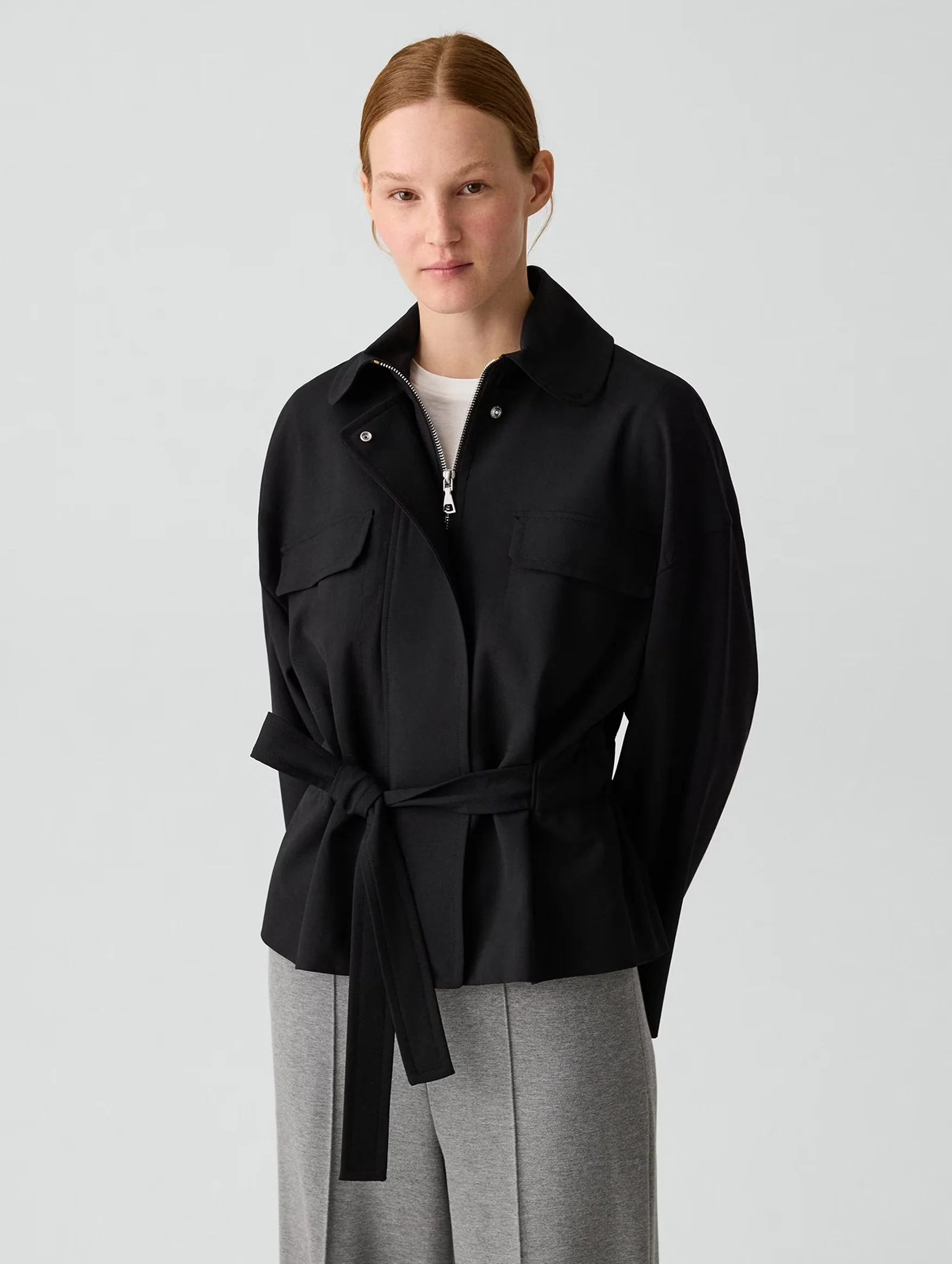 Cinched Wool Flight Jacket in Black