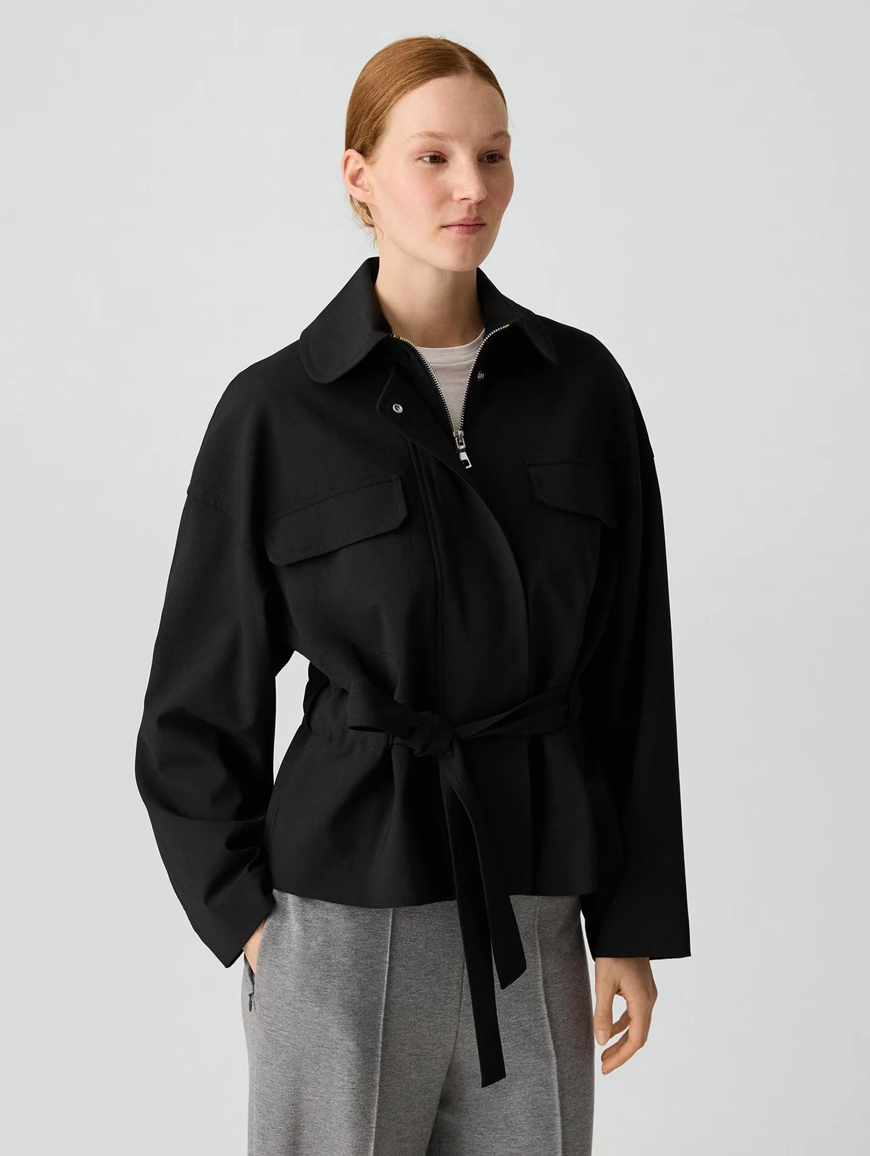 Cinched Wool Flight Jacket in Black - Image 3