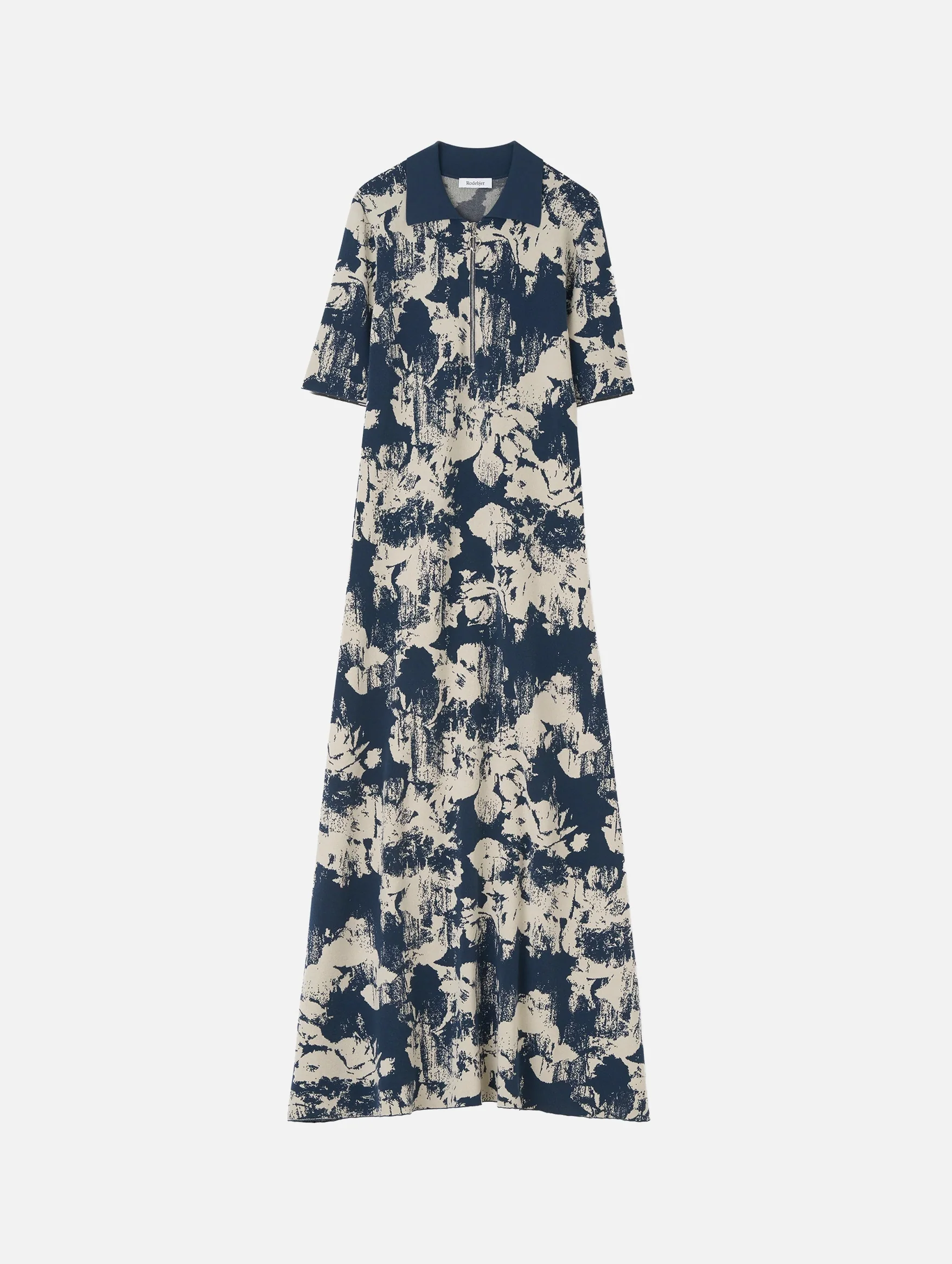Clover Jacquard Knit Polo Shirtdress in Navy and Sand