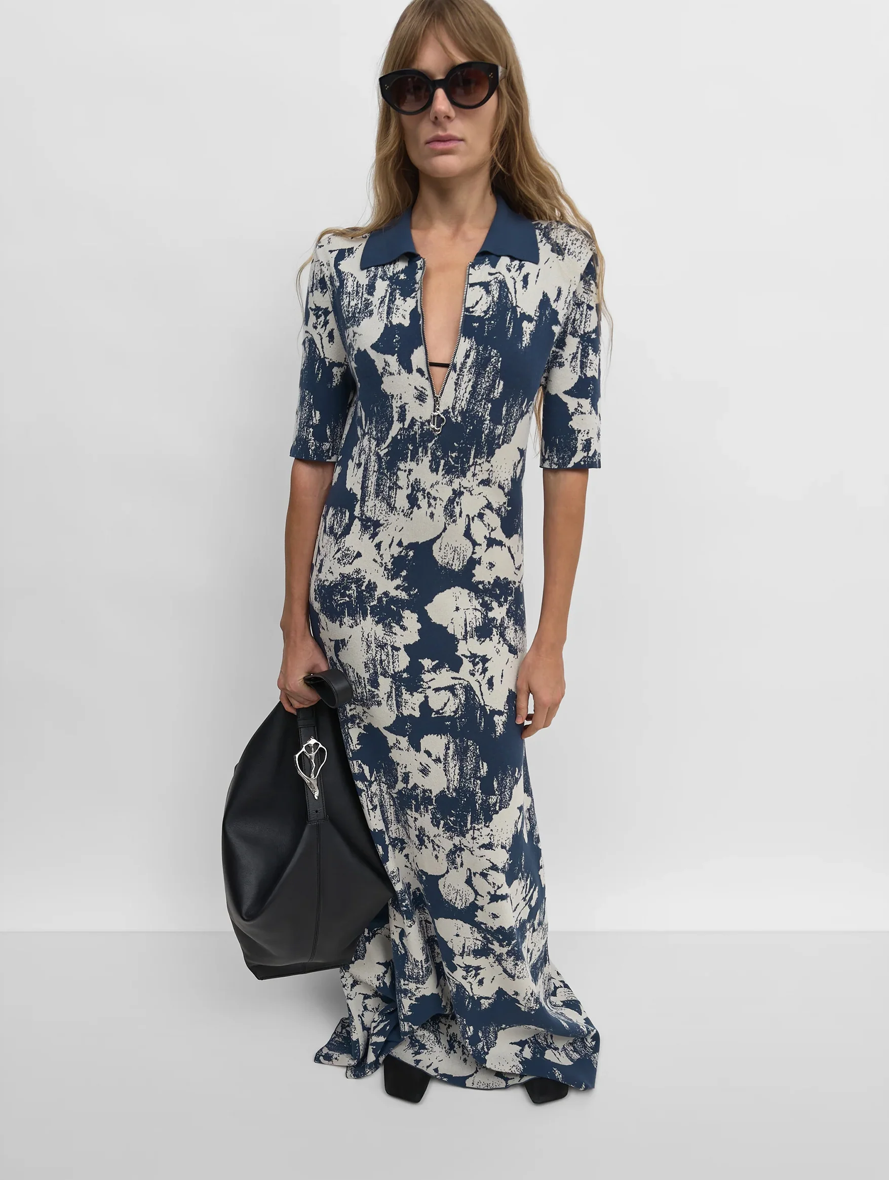 Clover Jacquard Knit Polo Shirtdress in Navy and Sand - Image 2
