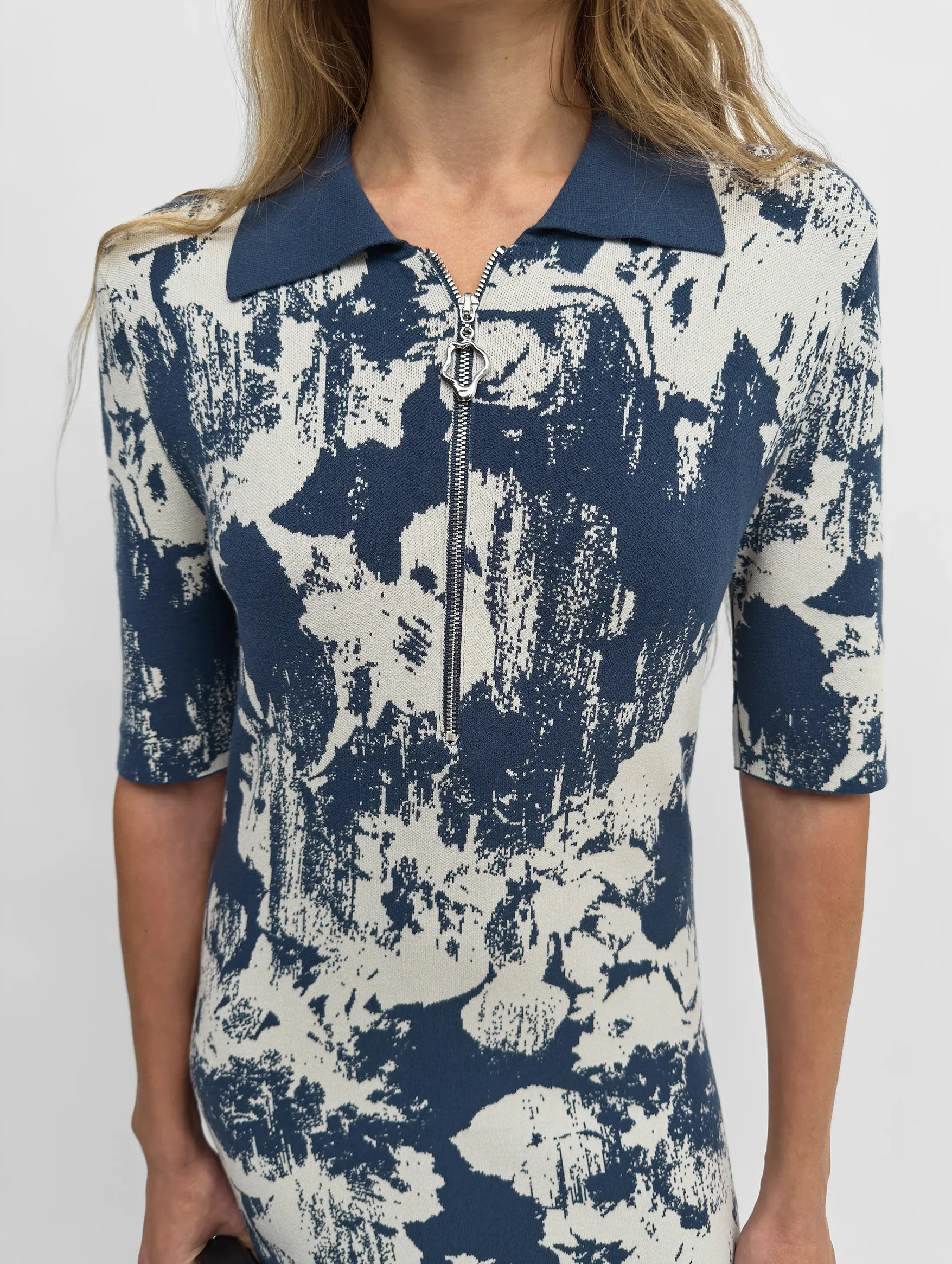 Clover Jacquard Knit Polo Shirtdress in Navy and Sand - Image 4