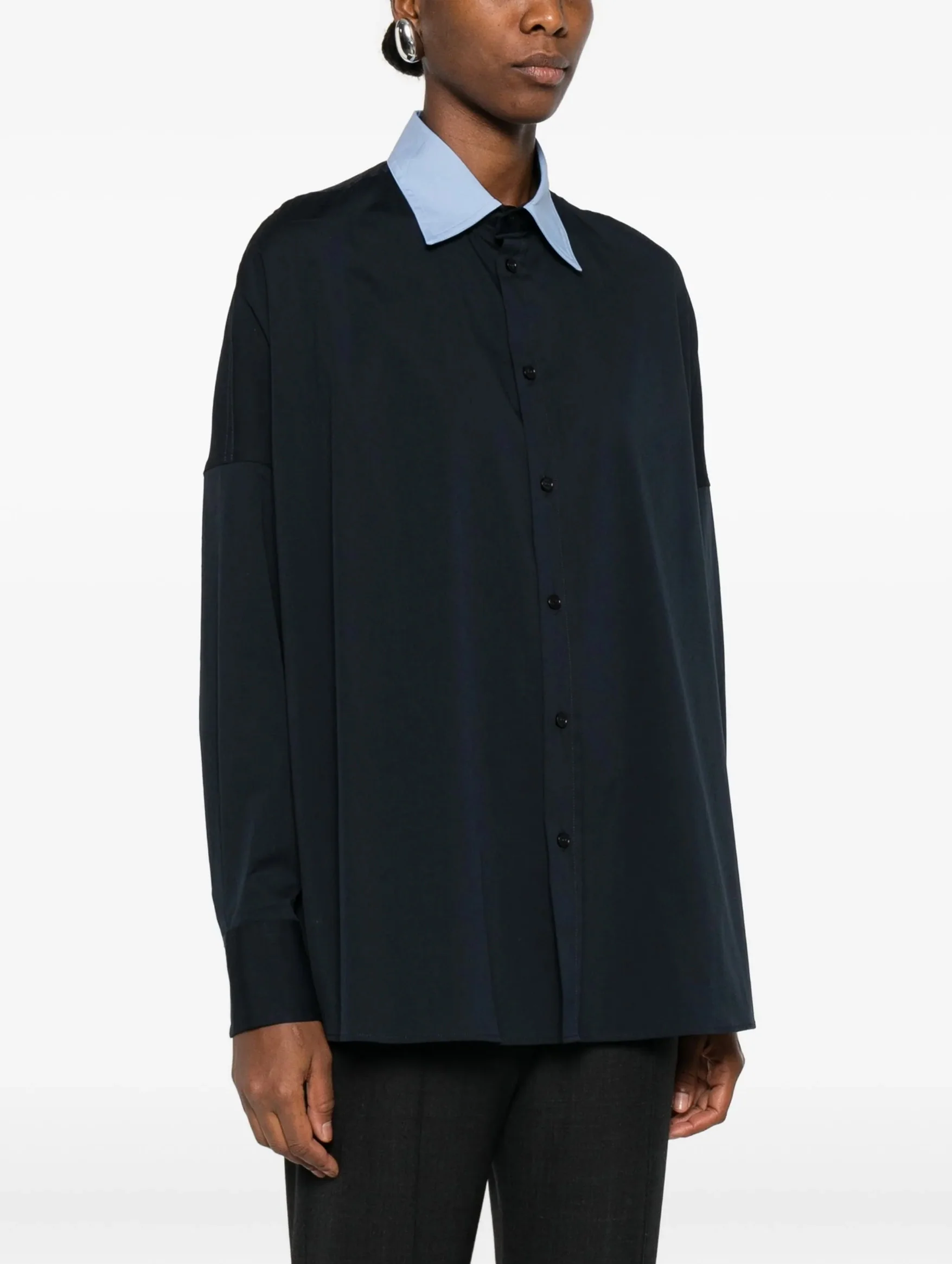 Contast Collar Cotton Shirt in Blue Black - Image 2