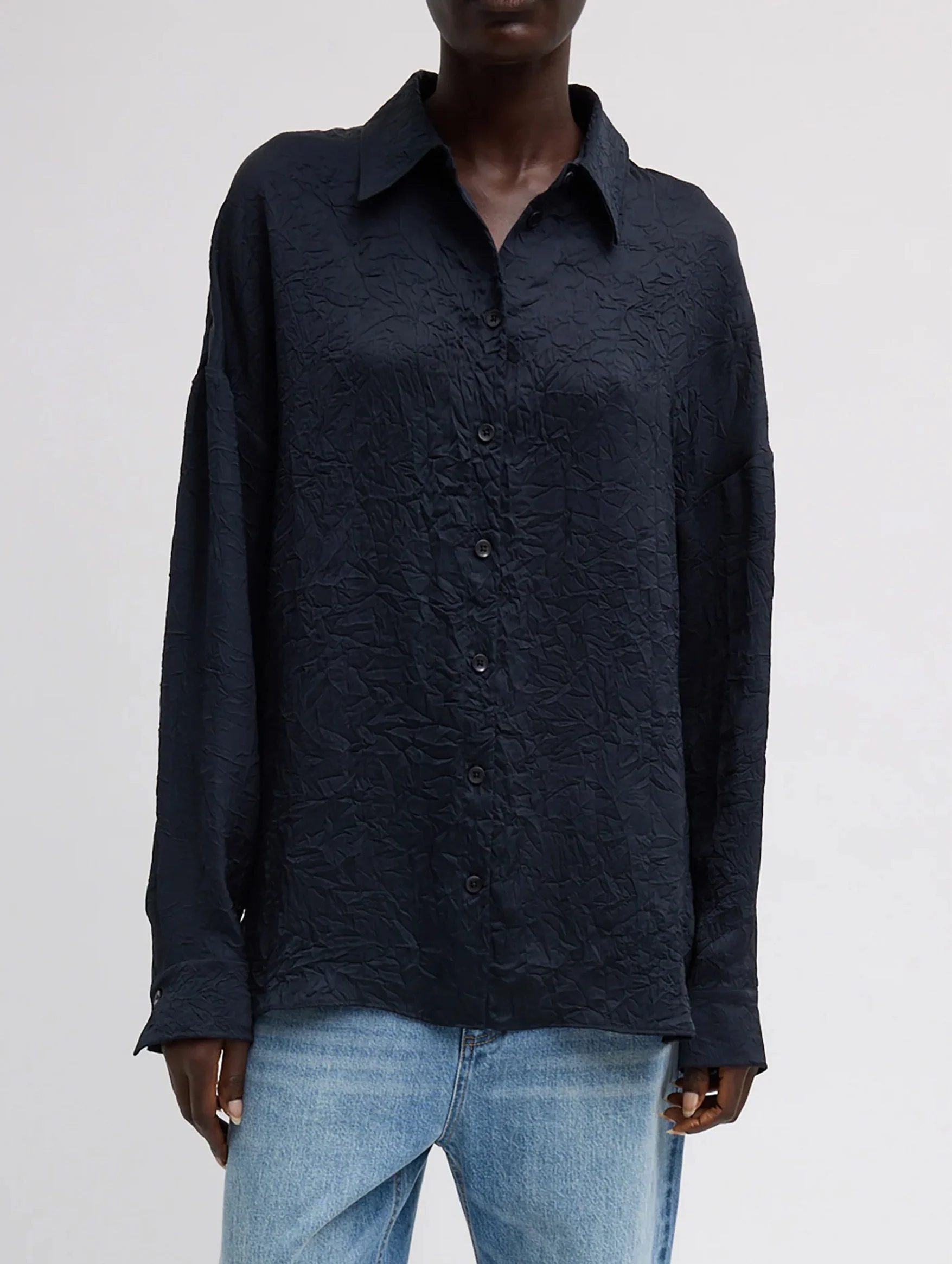 Crinkle Shirting Oversized Shirt in Midnight Navy - Image 2