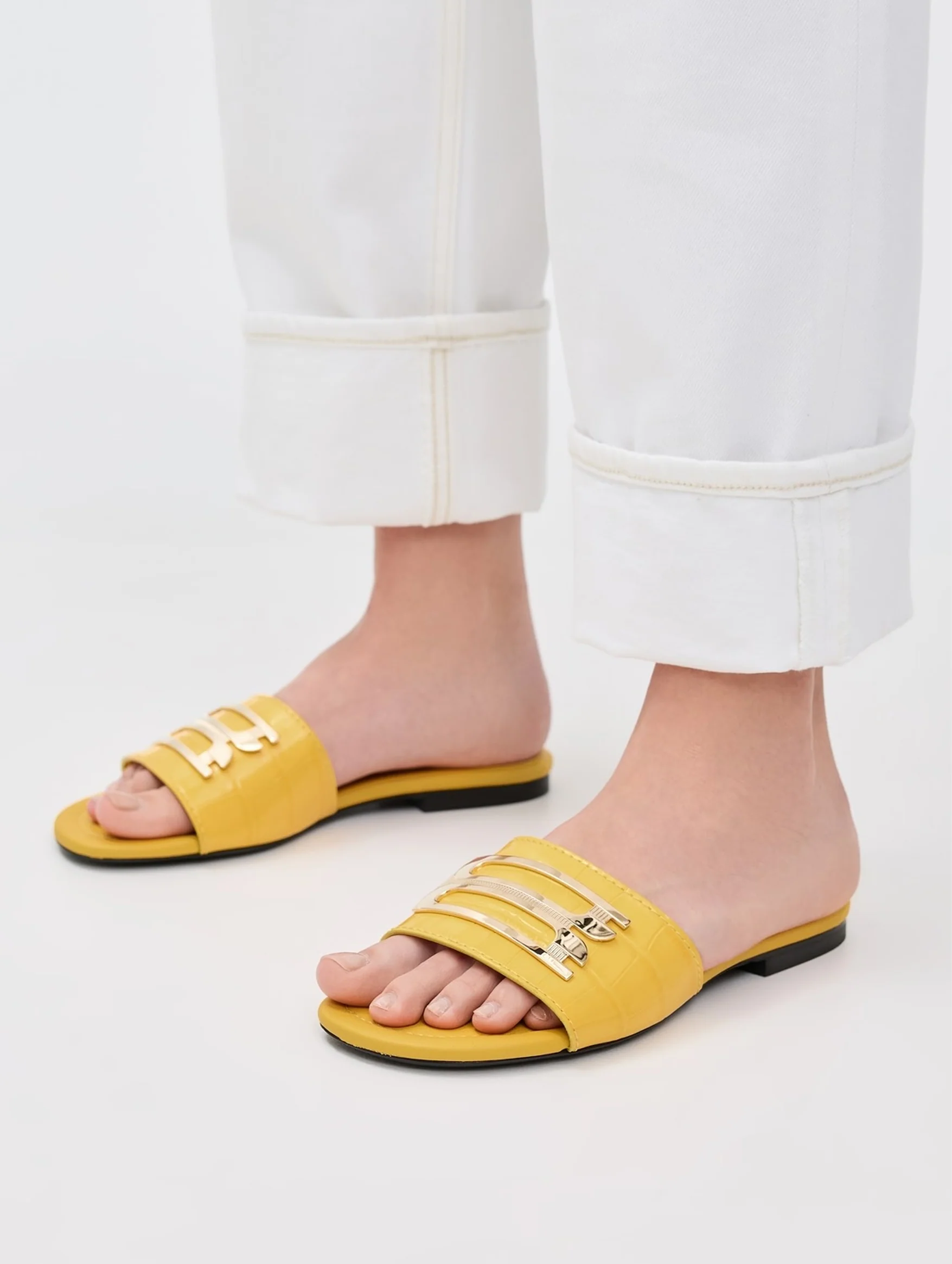 Croc Effect Logo Leather Slides in Yellow - Image 2