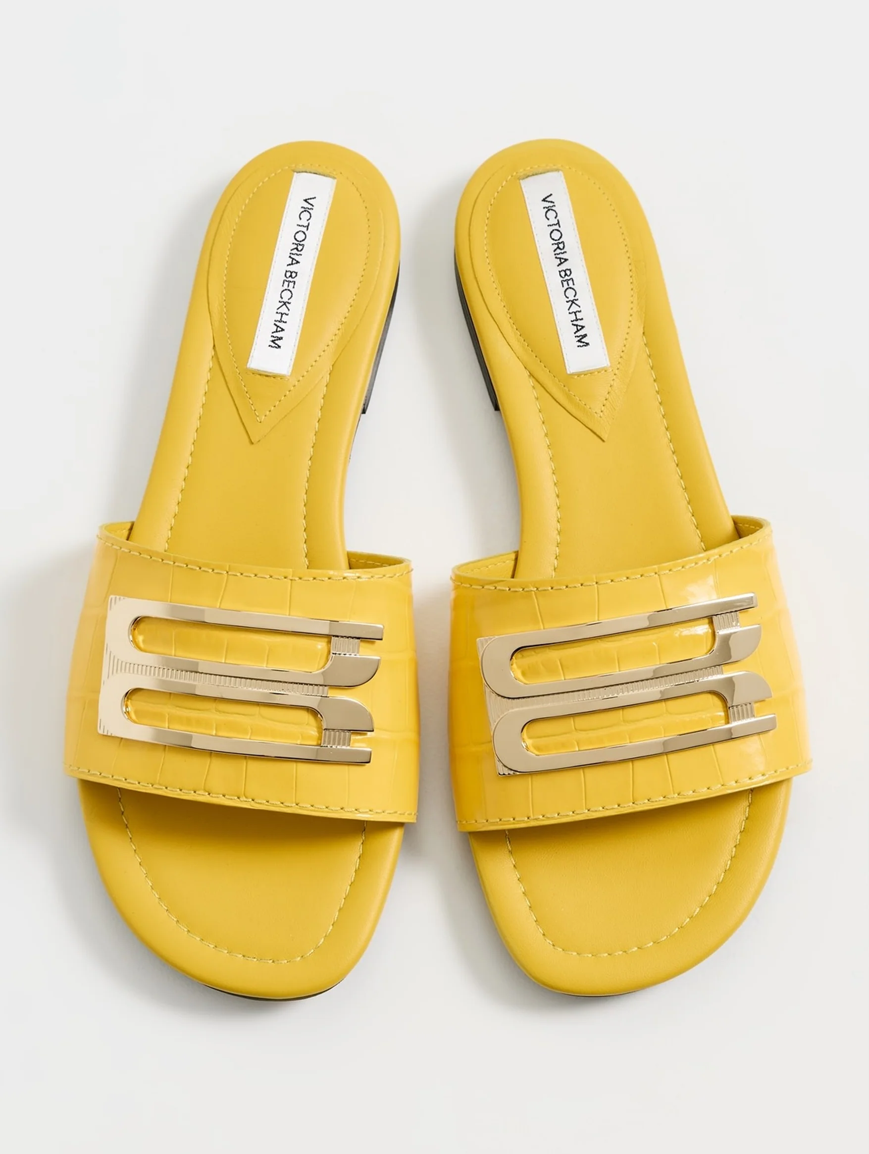 Croc Effect Logo Leather Slides in Yellow - Image 3