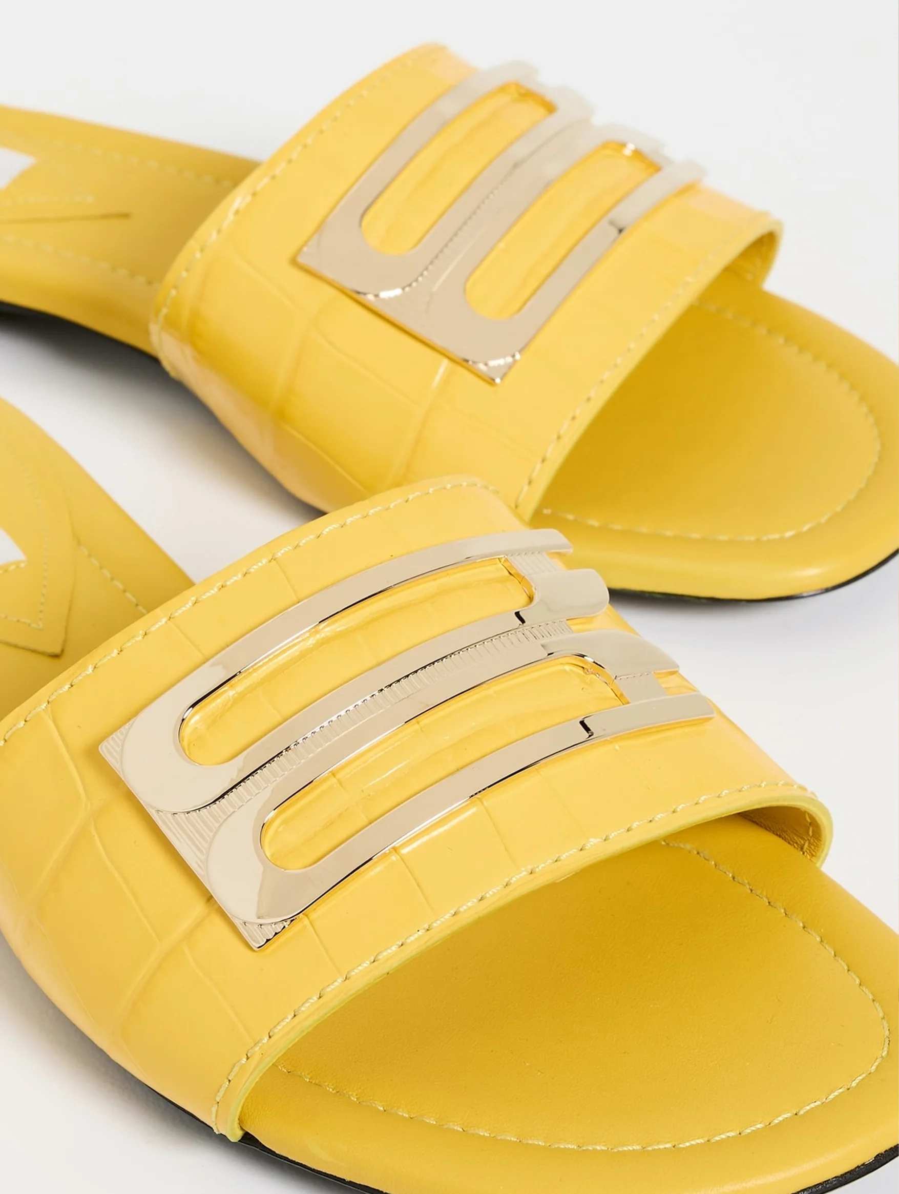 Croc Effect Logo Leather Slides in Yellow - Image 5