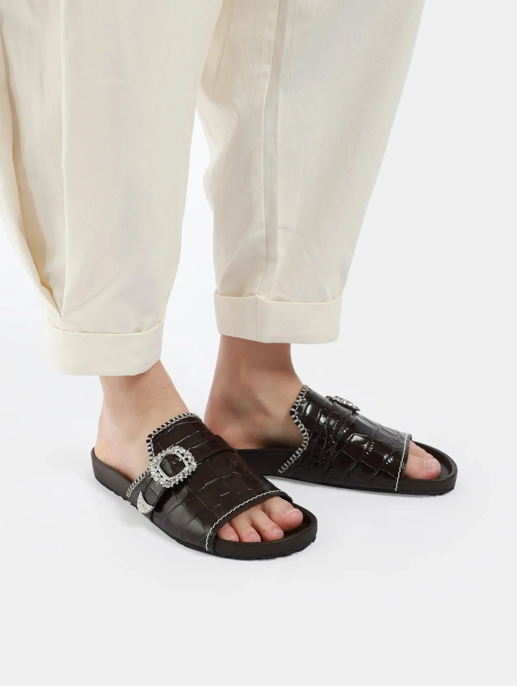Crystal Buckle Leather Sandal in Black - Image 3