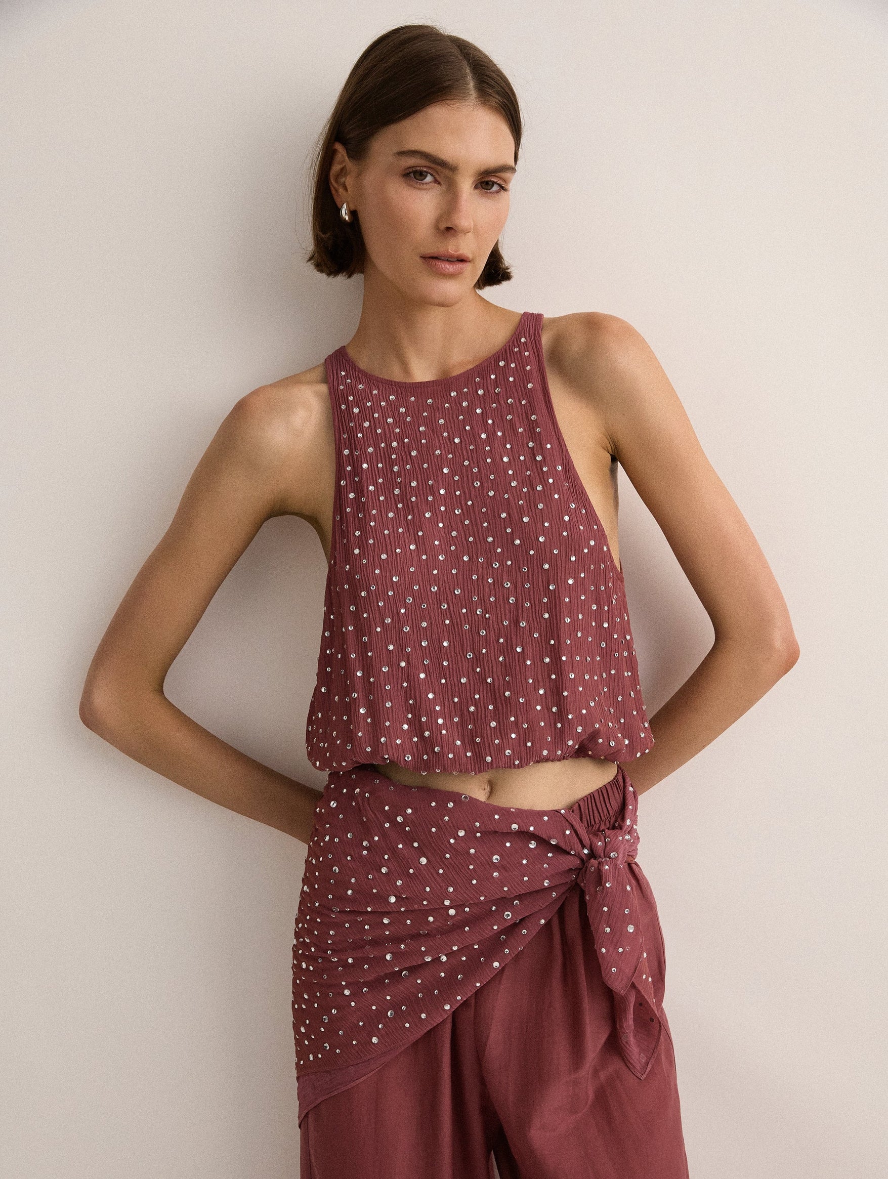 Crystal Embellished Scarf in Plum - Image 3