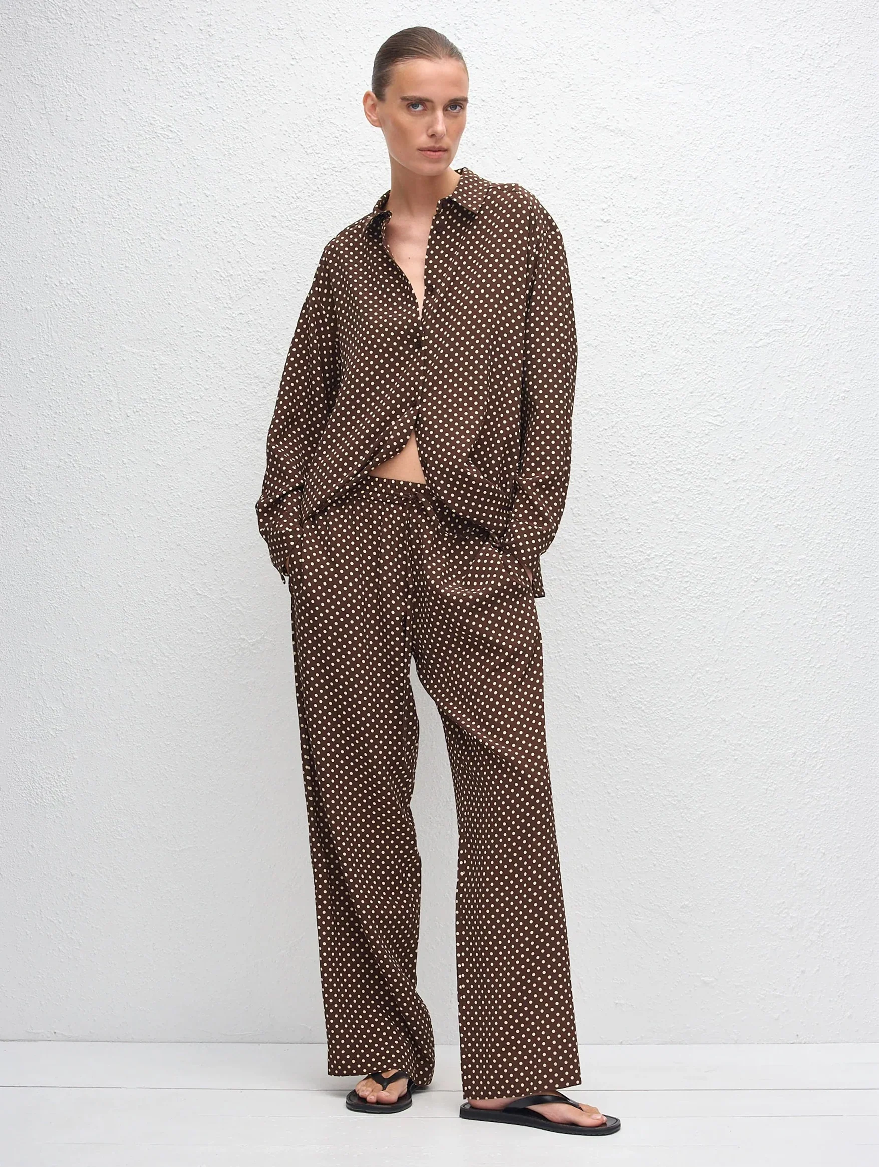 Drawstring Trouser in Polka Dot Chocolate - Image 2