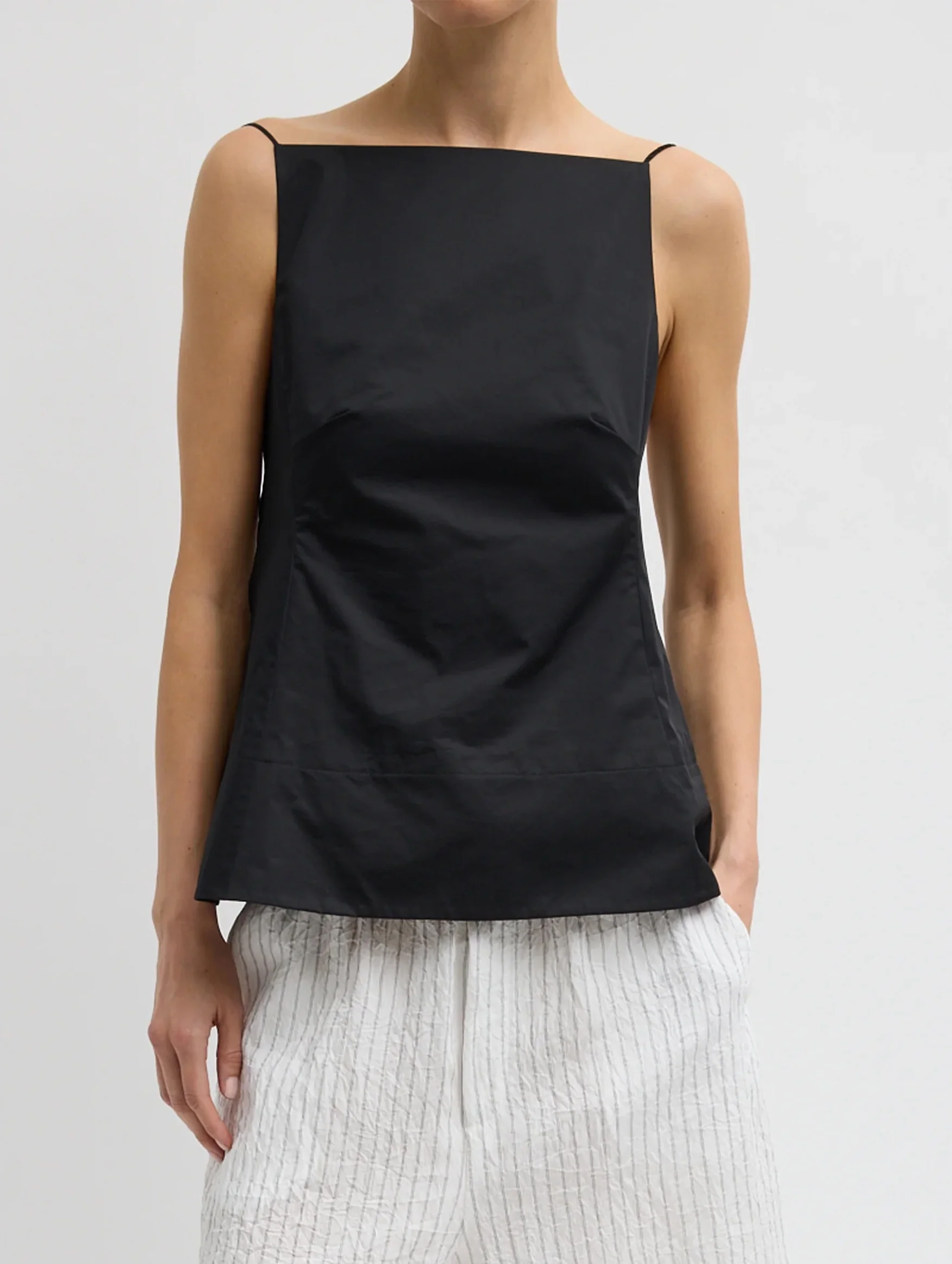 Eco Poplin Strappy Open Back Top in Black