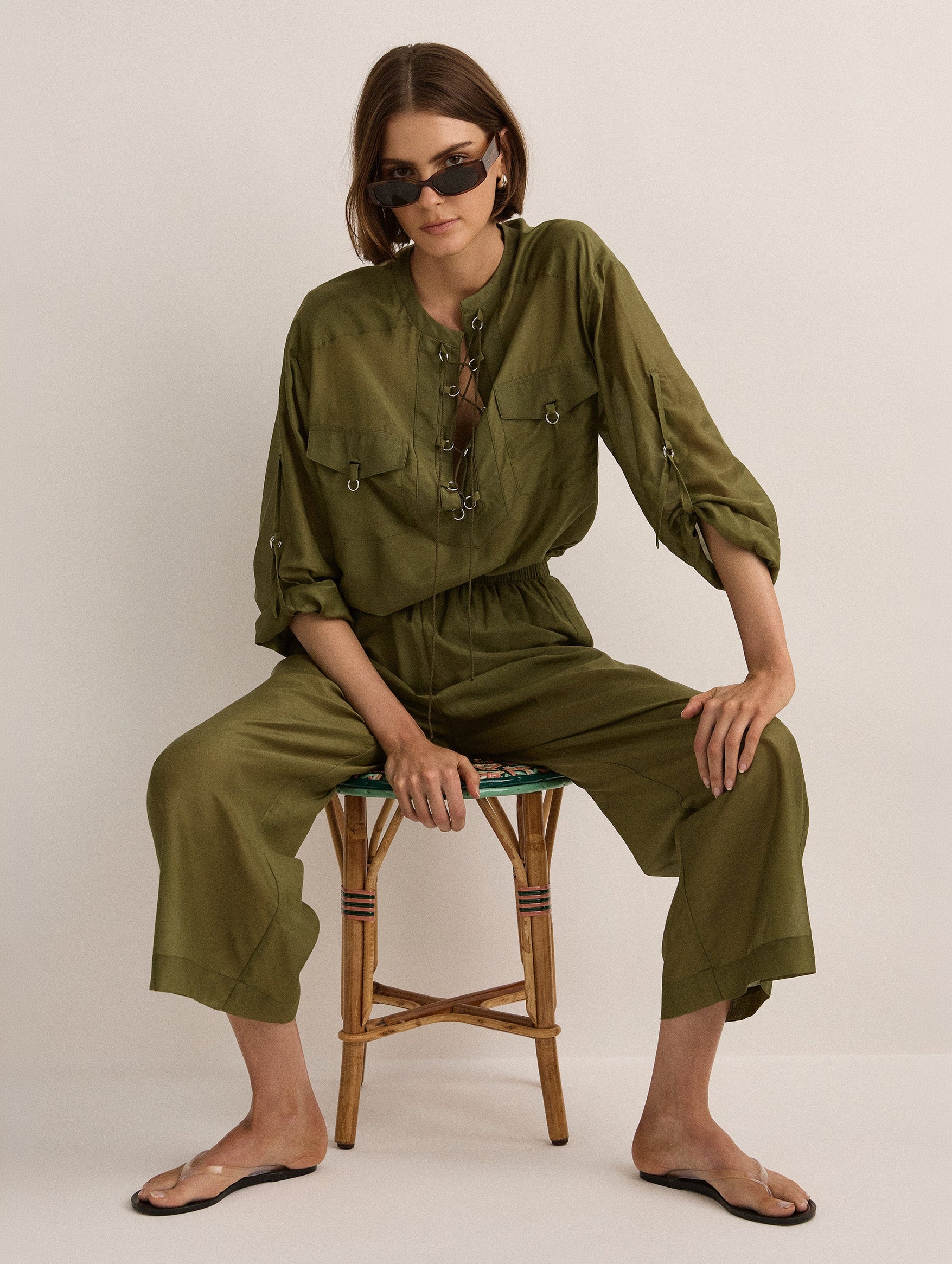 Eyelet Kaftan in Safari Green - Image 2