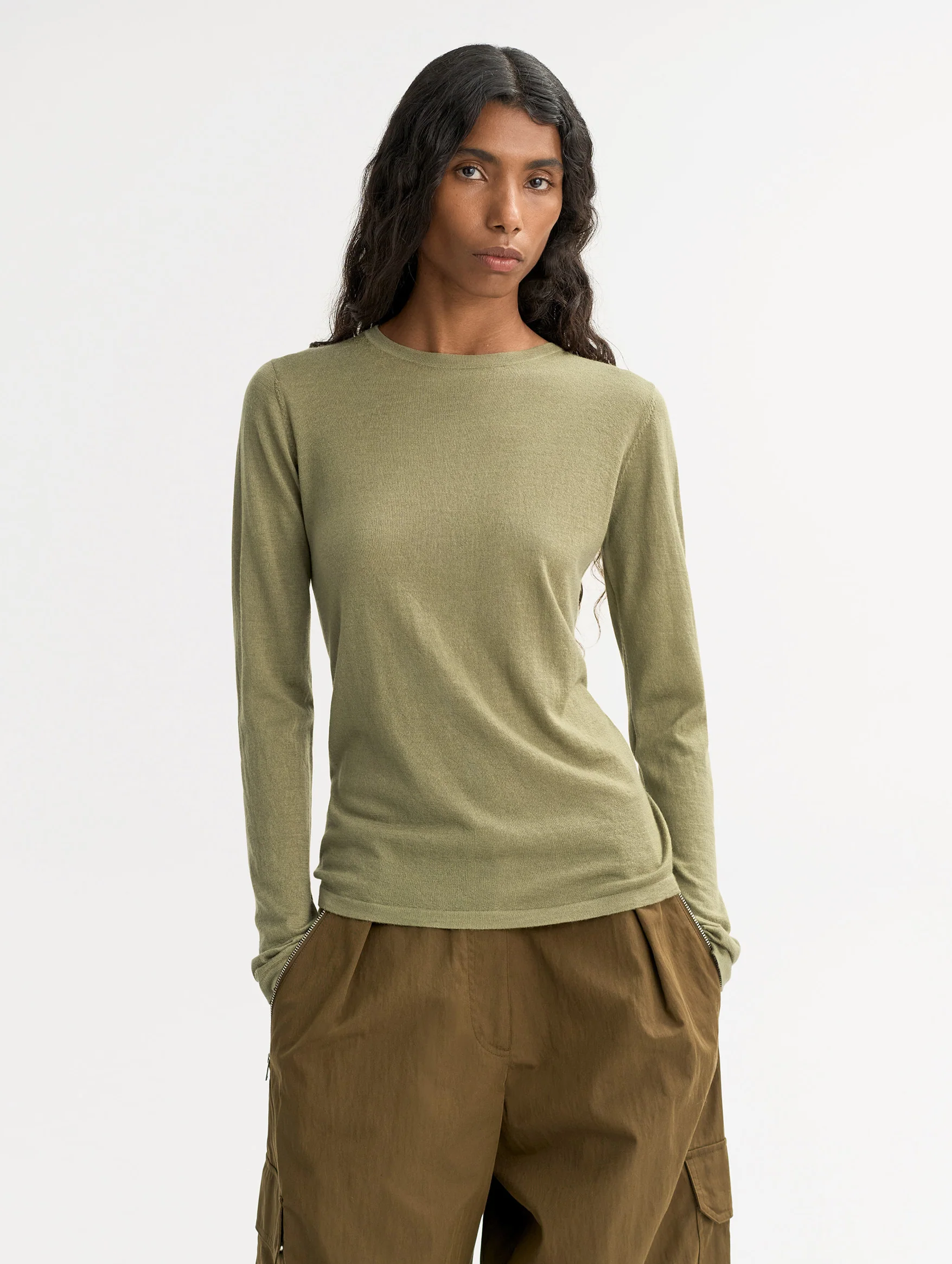Featherlight Cashmere Silk Crewneck in Khaki - Image 3
