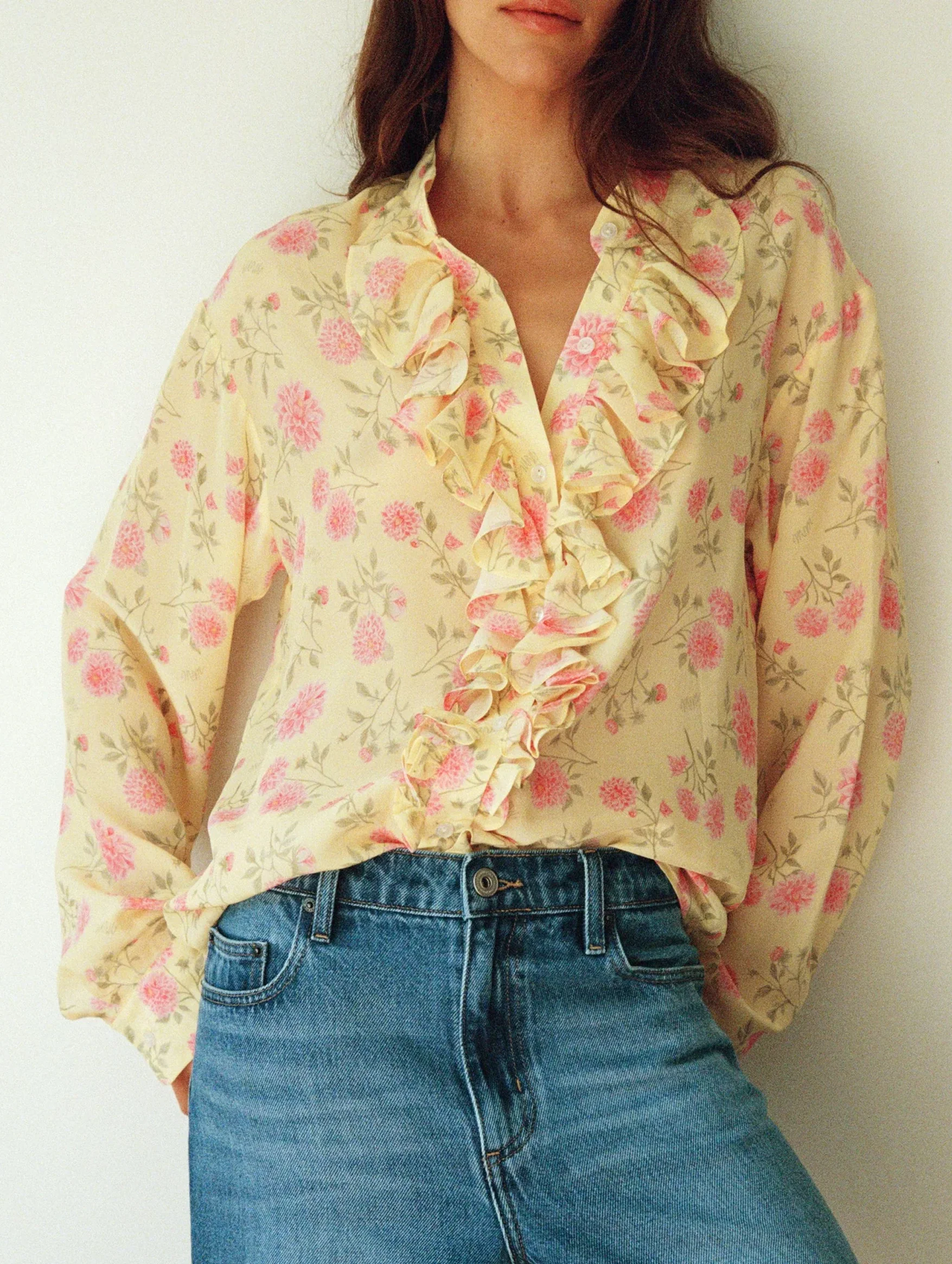 For The Frill Of It Shirt in Strawberry Dahlia Butter Yellow - Image 3