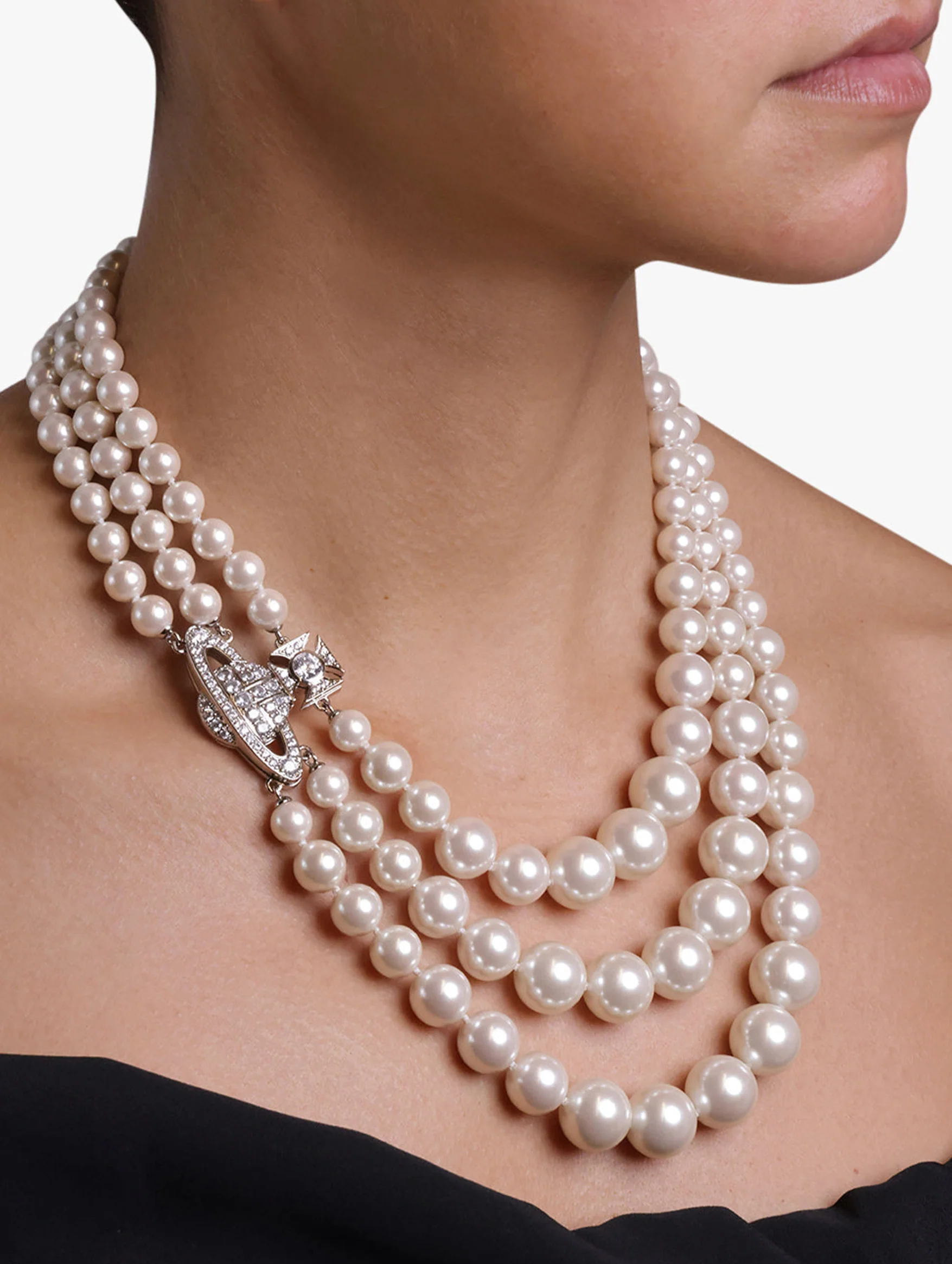 Graziella Three Row Pearl Necklace in Platinum Cream Rose - Image 2