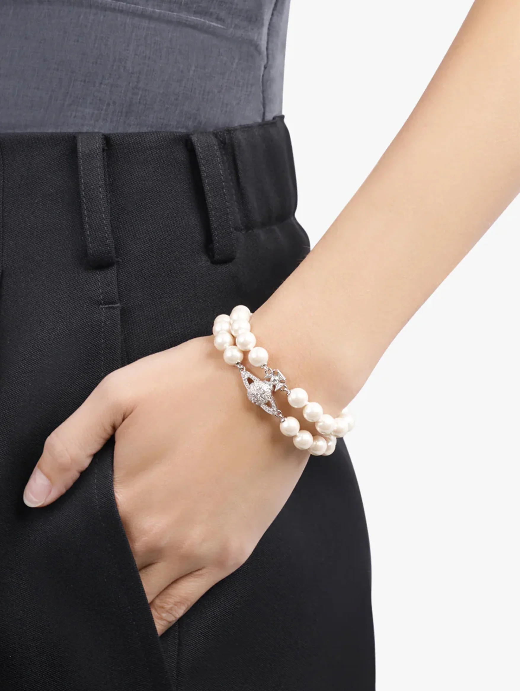 Graziella Two Row Pearl Bracelet in Platinum Cream Rose - Image 3