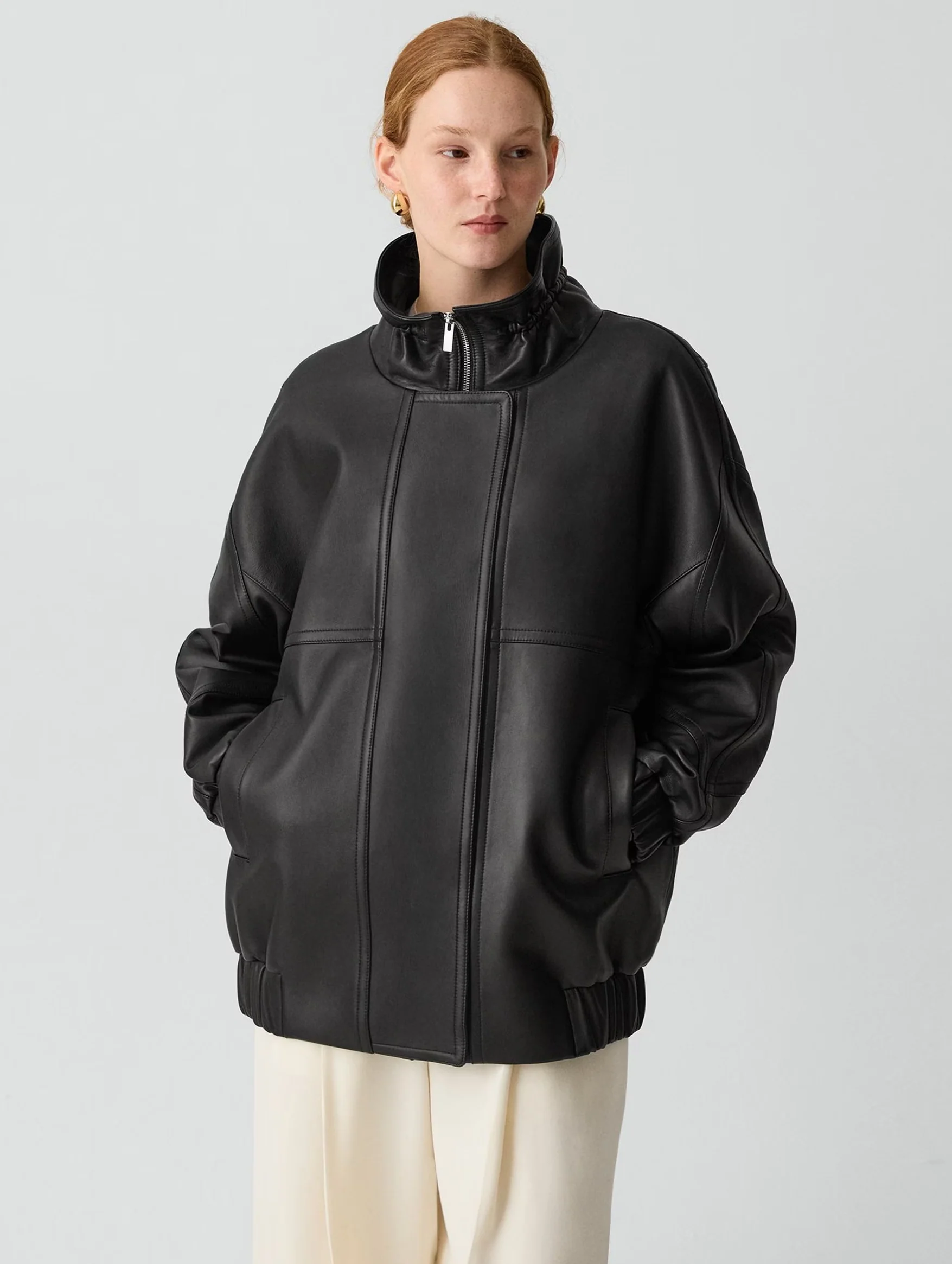 High Collar Leather Jacket in Black - Image 3