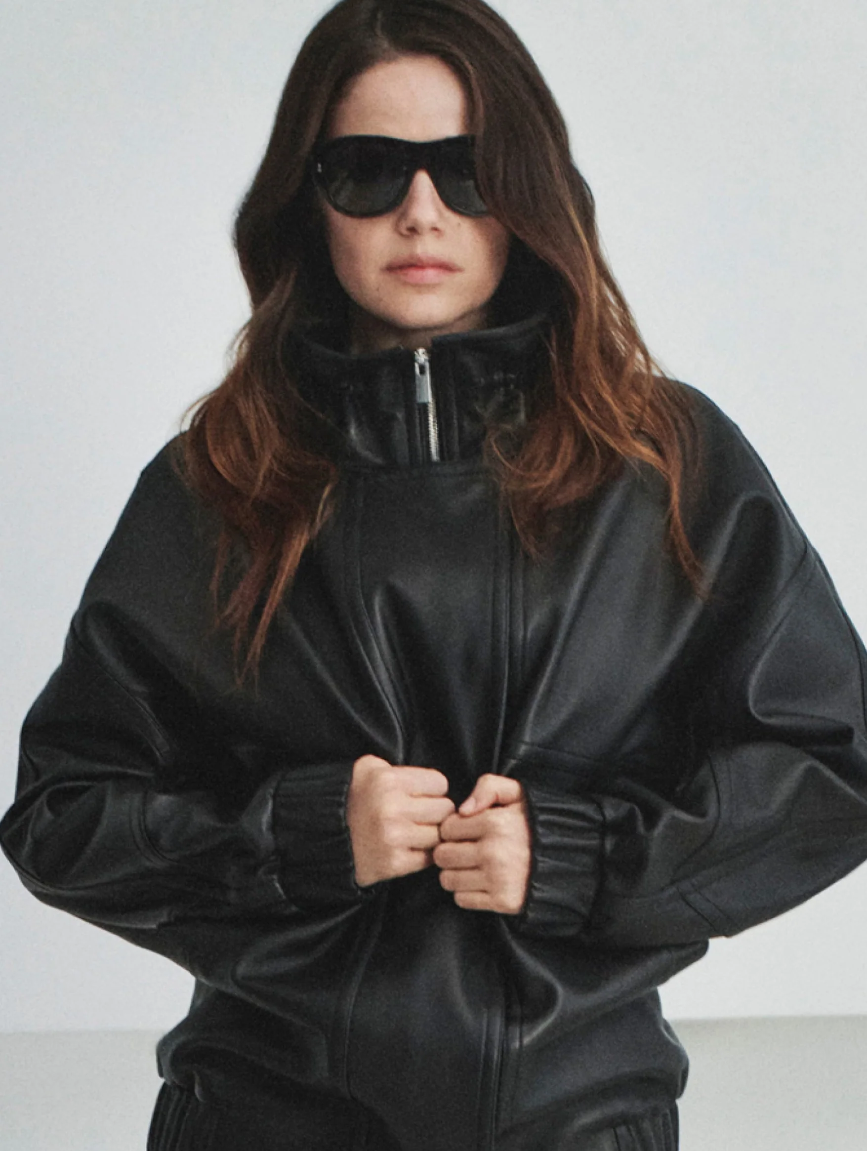 High Collar Leather Jacket in Black - Image 5