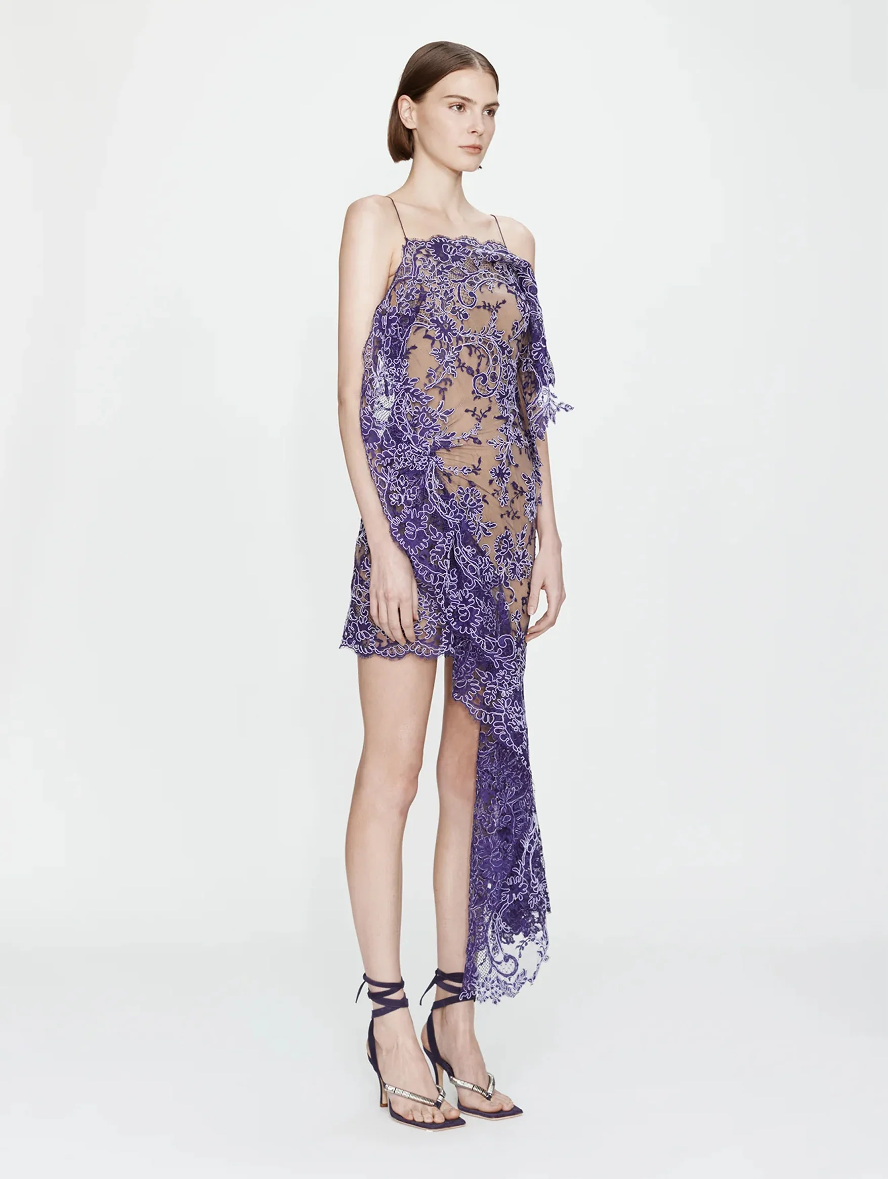 Iris Floating Lace Suspend Mini Dress in Dark Viola - Image 3