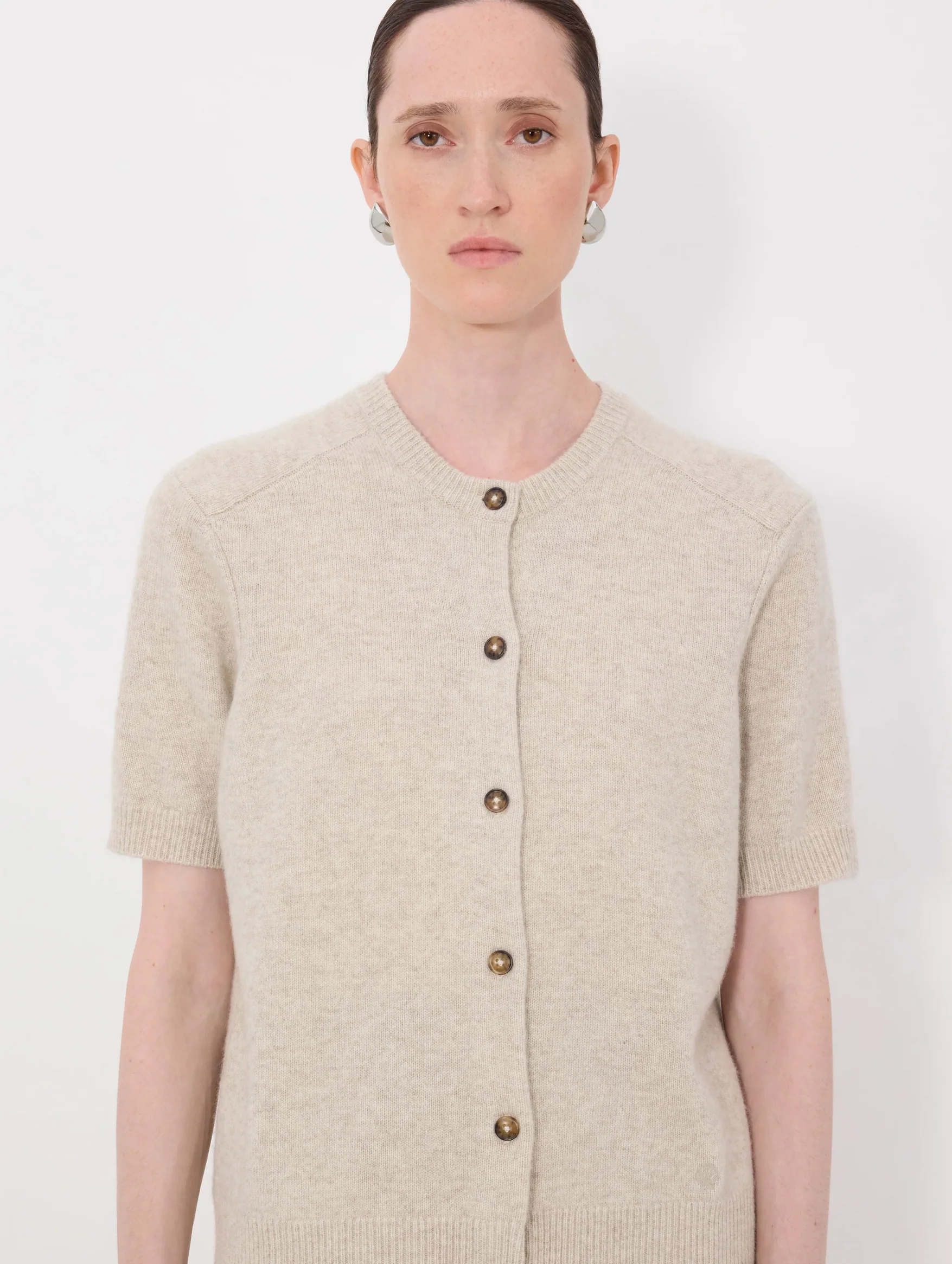 Jodi Cashmere Short Sleeve Cardigan in Beige Melange - Image 4