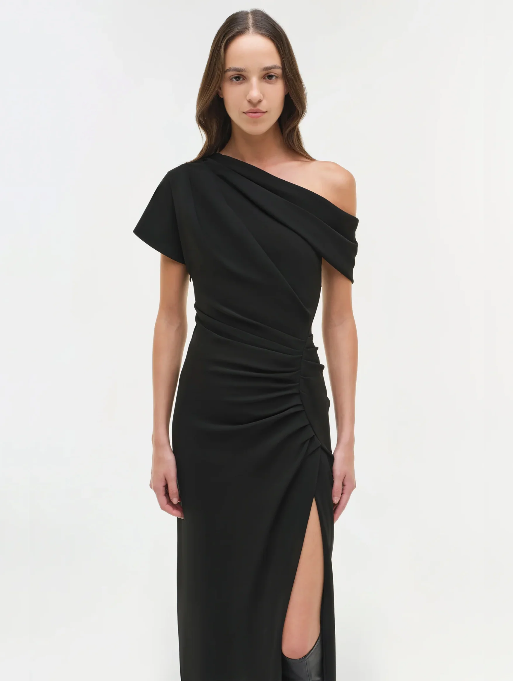 Kally Draped Midi Dress in Black - Image 3