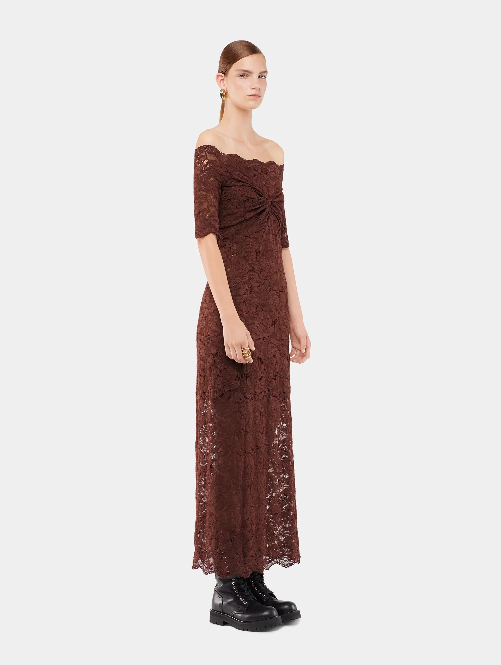 Lace Midi Dress in Cinnamon Brown - Image 3