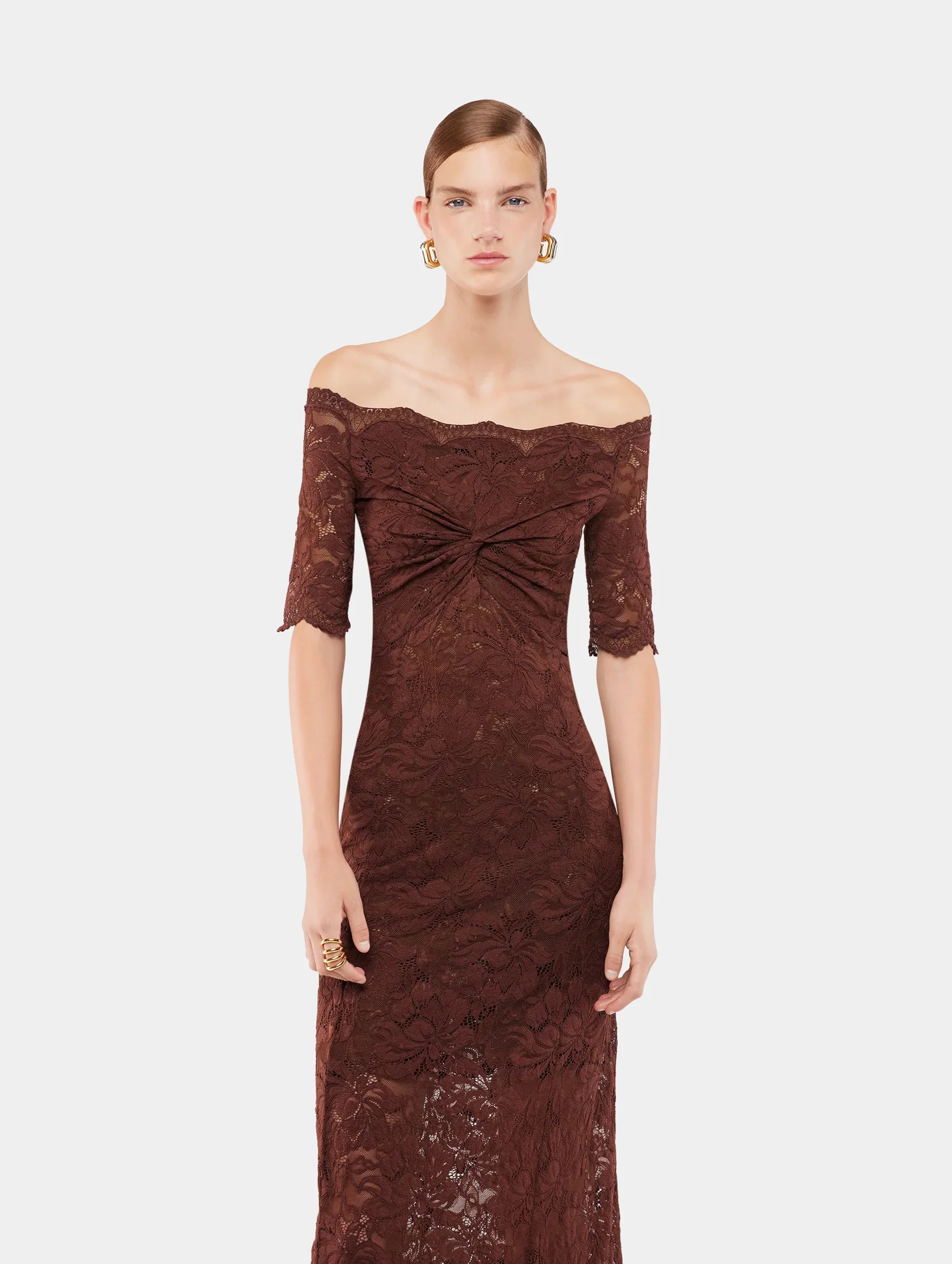 Lace Midi Dress in Cinnamon Brown - Image 5