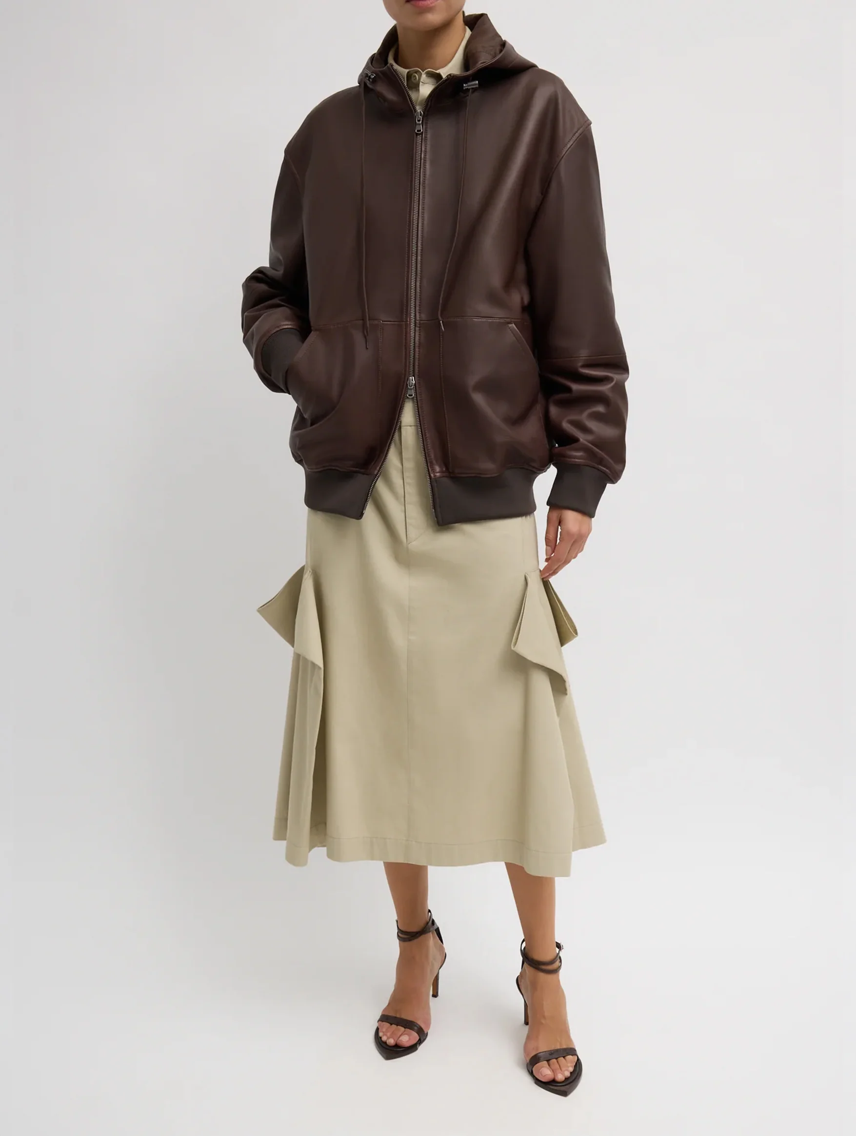 Leather Zip Up Hoodie Jacket in Brown - Image 2