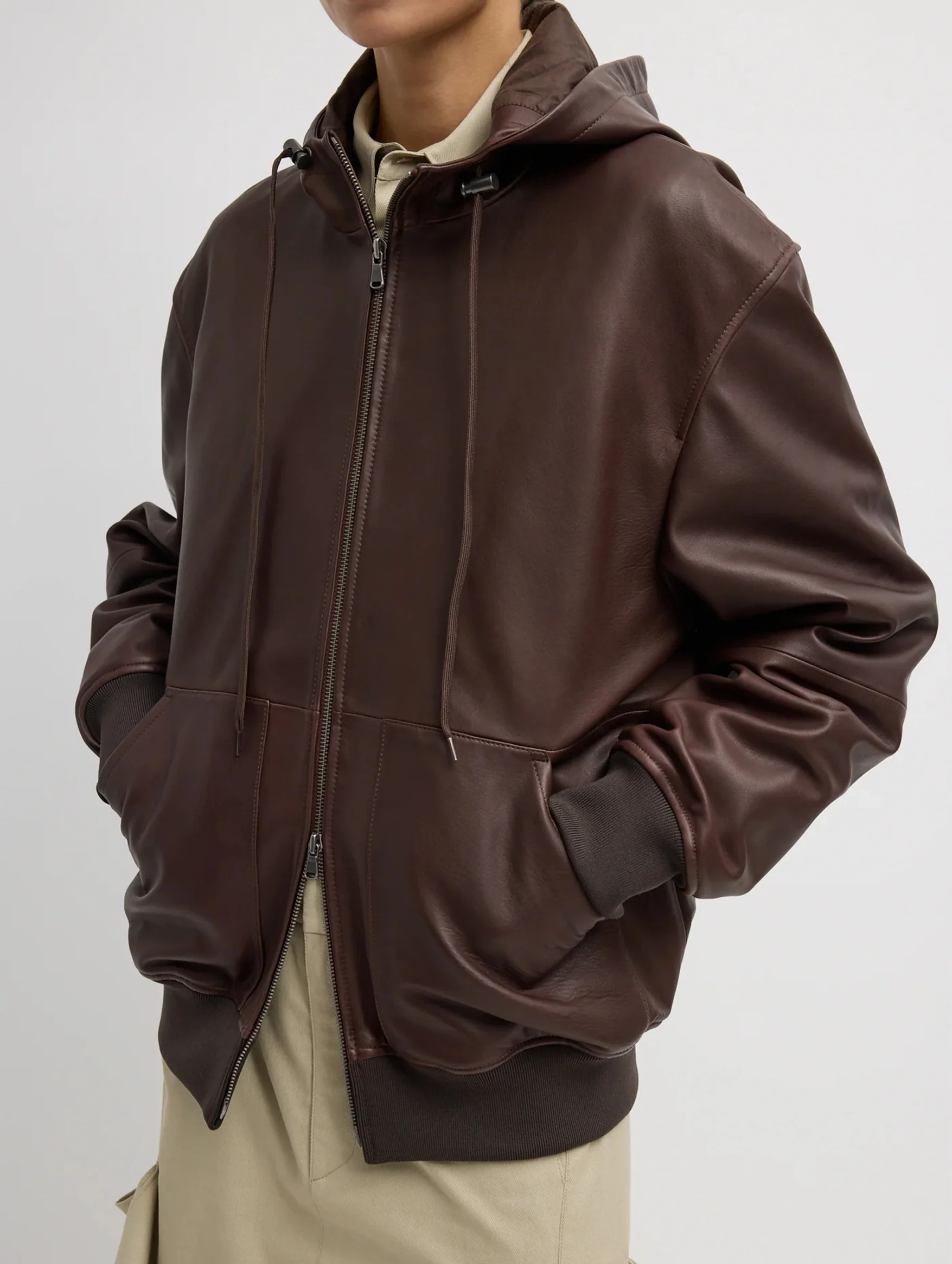 Leather Zip Up Hoodie Jacket in Brown - Image 3