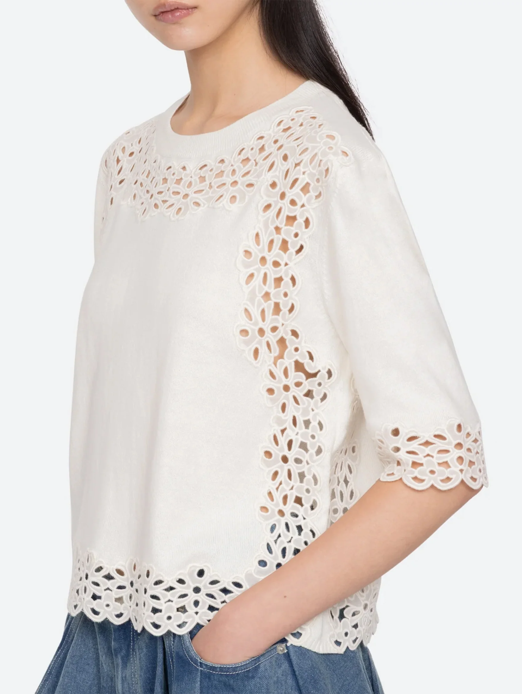 Leila Cotton Eyelet Sweater in Cream - Image 3