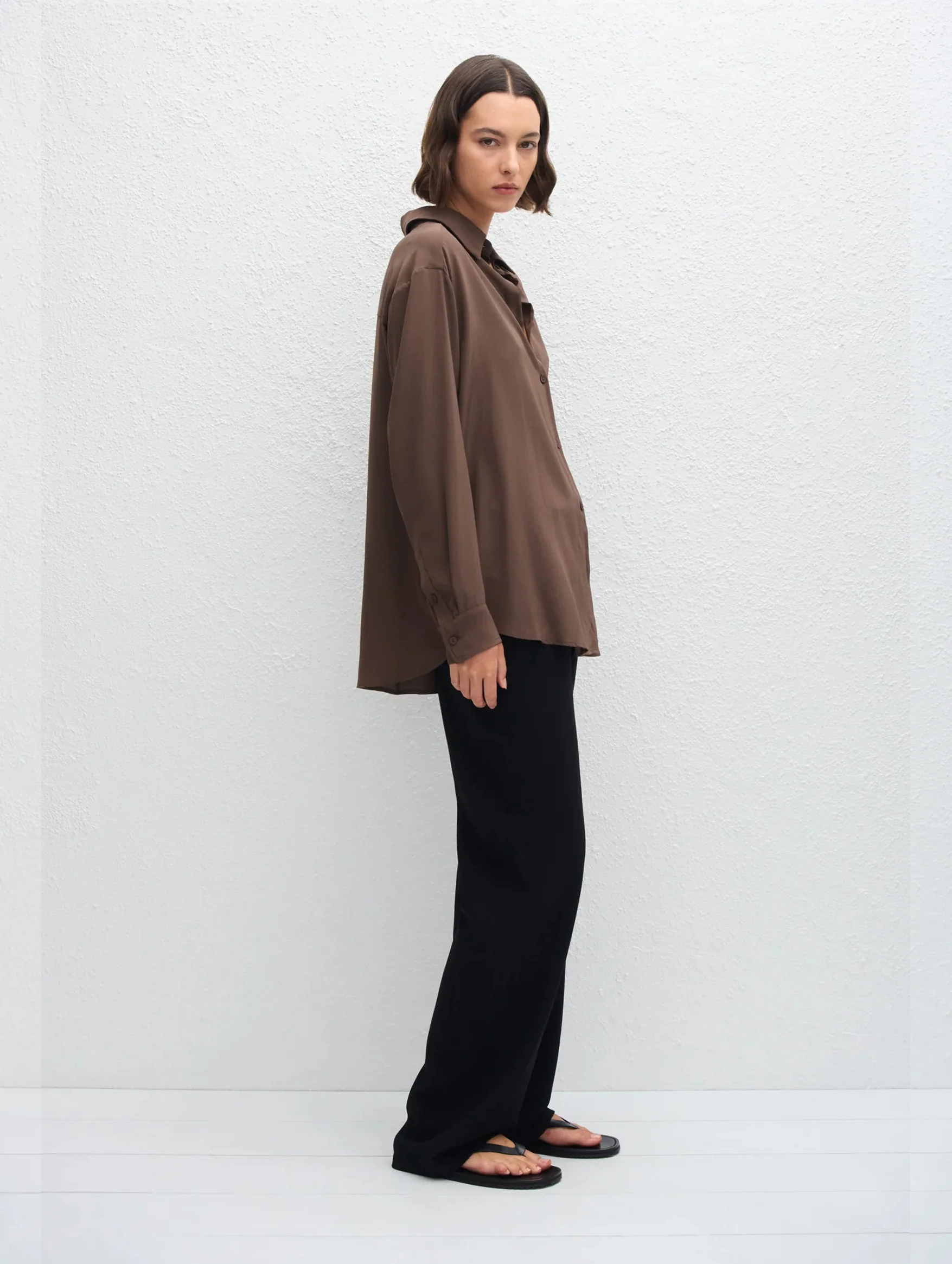Long Sleeve Silk Shirt in Truffle - Image 3