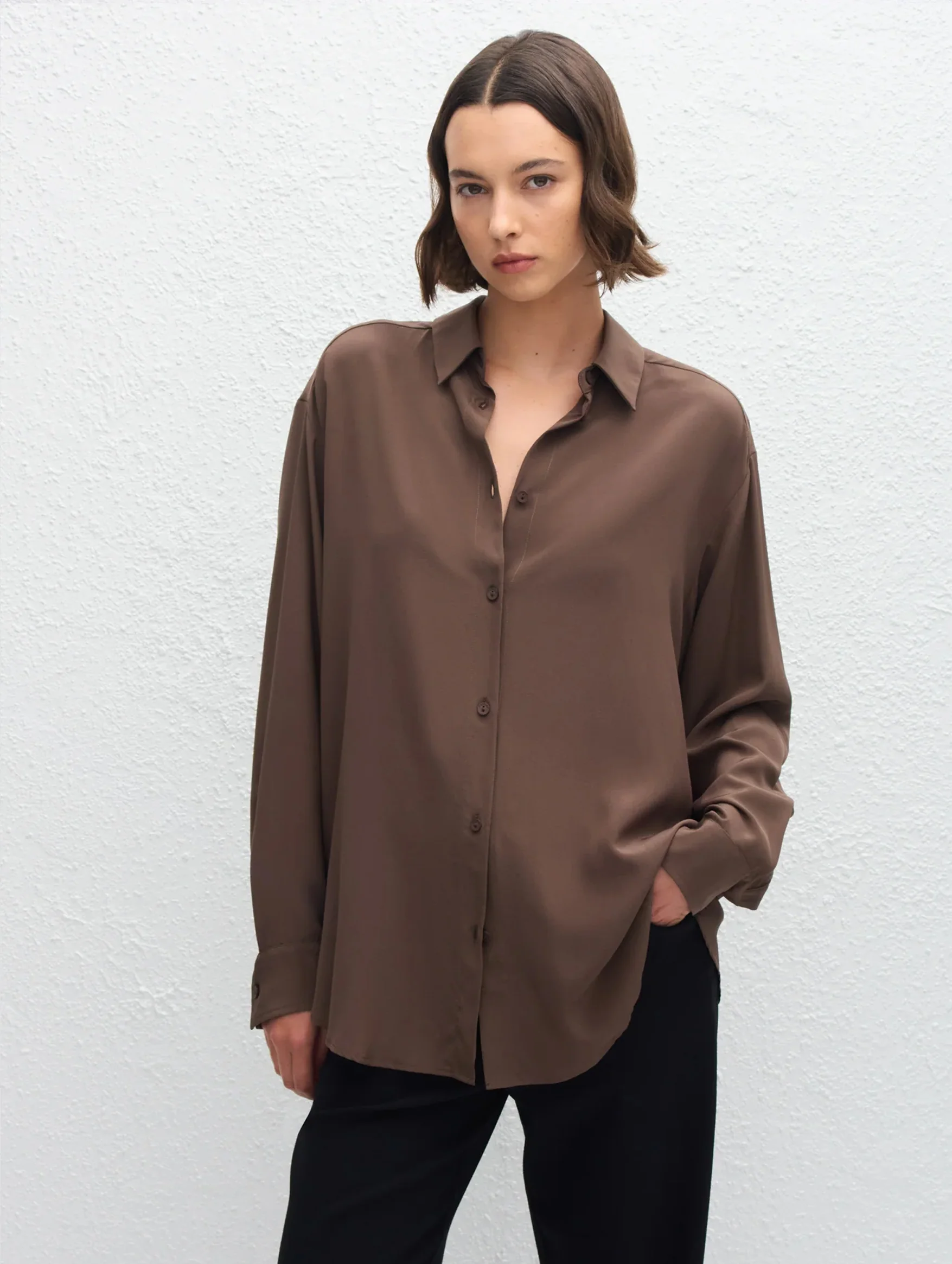 Long Sleeve Silk Shirt in Truffle - Image 4